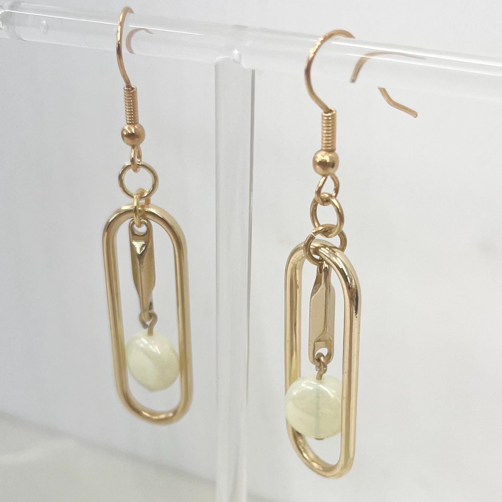 Pearlescent Light Green Uranium Czech Glass Bead Drop Earrings Gold Plate UV Reactive Glow - Milly Oliver MillyOliverVintage
