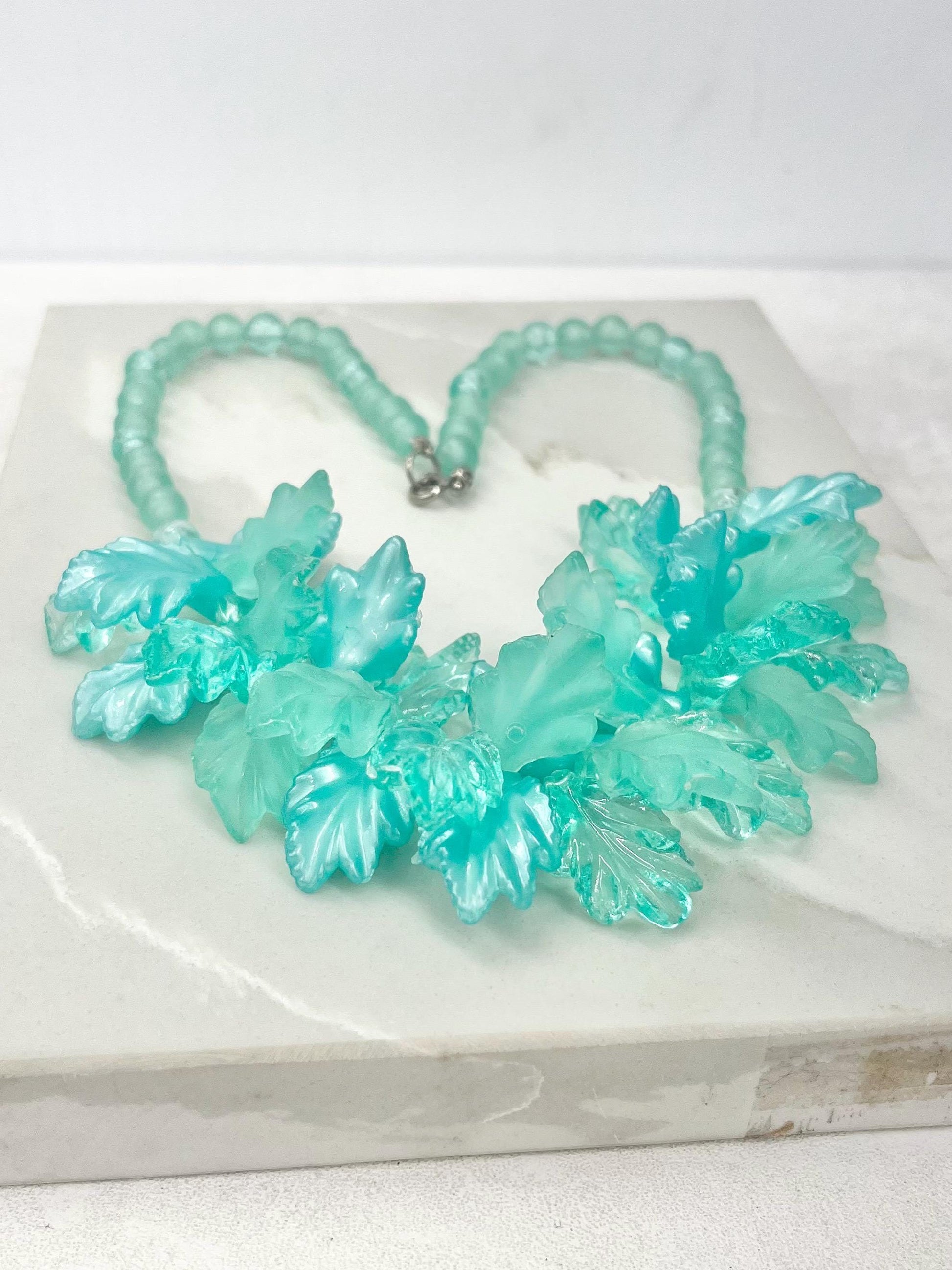 Vintage 1970’s Turquoise Aqua Blue Lucite Plastic Leaf Cluster Necklace Fabulous Statement Leafy Design Necklace MillyOliverVintage
