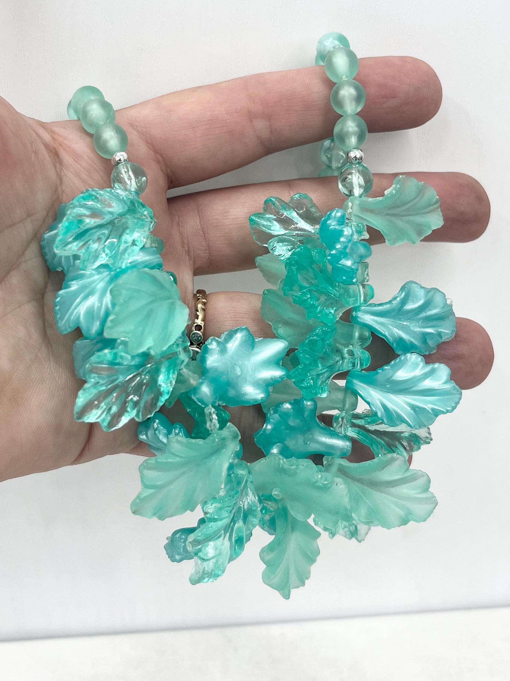 Vintage 1970’s Turquoise Aqua Blue Lucite Plastic Leaf Cluster Necklace Fabulous Statement Leafy Design Necklace MillyOliverVintage