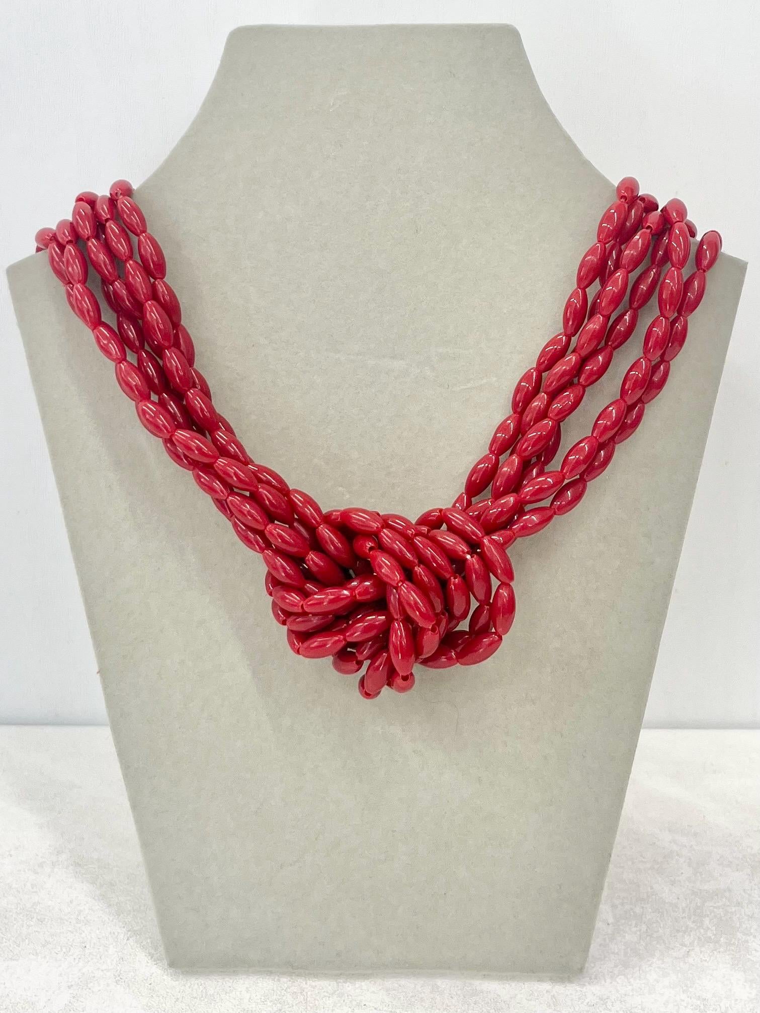 Vintage 1970’s - 1980’s Multi Strand Knotted Acrylic Red Bead Necklace 19” with a 3” Extender Chain MillyOliverVintage