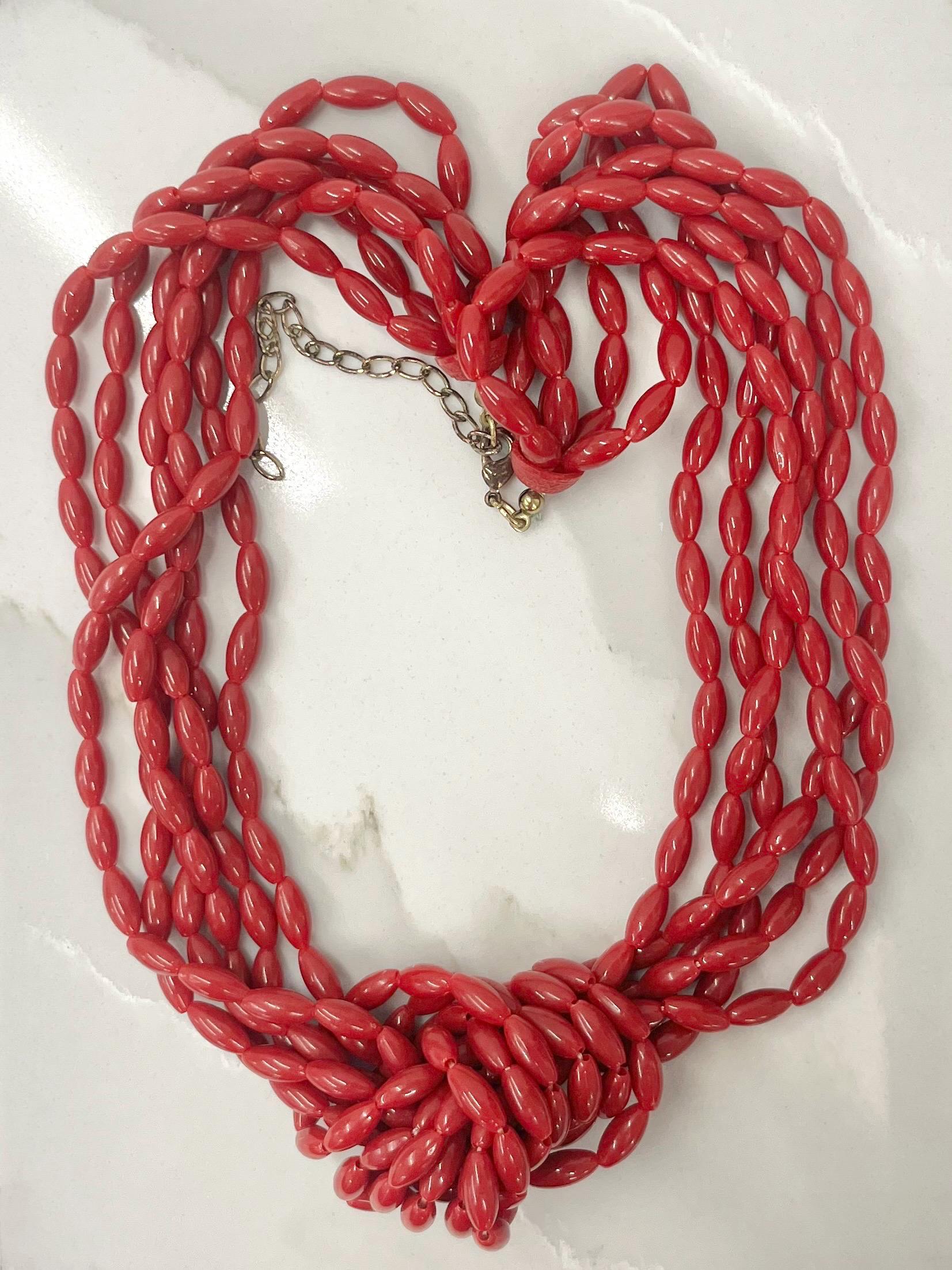 Vintage 1970’s - 1980’s Multi Strand Knotted Acrylic Red Bead Necklace 19” with a 3” Extender Chain MillyOliverVintage