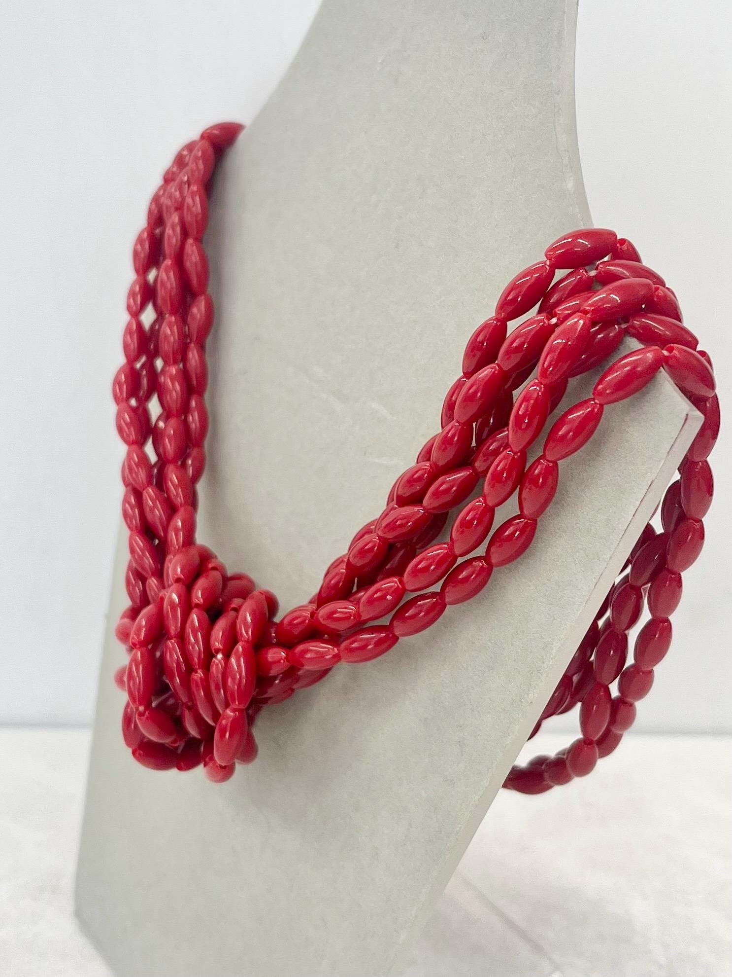 Vintage 1970’s - 1980’s Multi Strand Knotted Acrylic Red Bead Necklace 19” with a 3” Extender Chain MillyOliverVintage