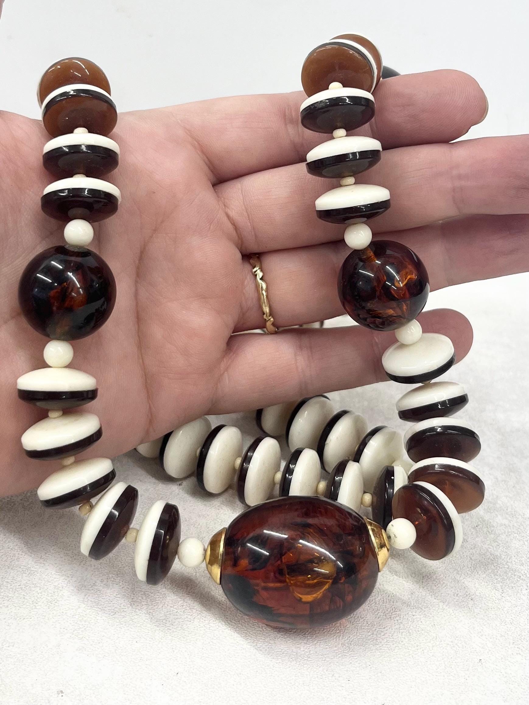 Vintage 1970’s - 1980’s Chunky Brown & Cream Acrylic Bead Necklace 29” Long MillyOliverVintage