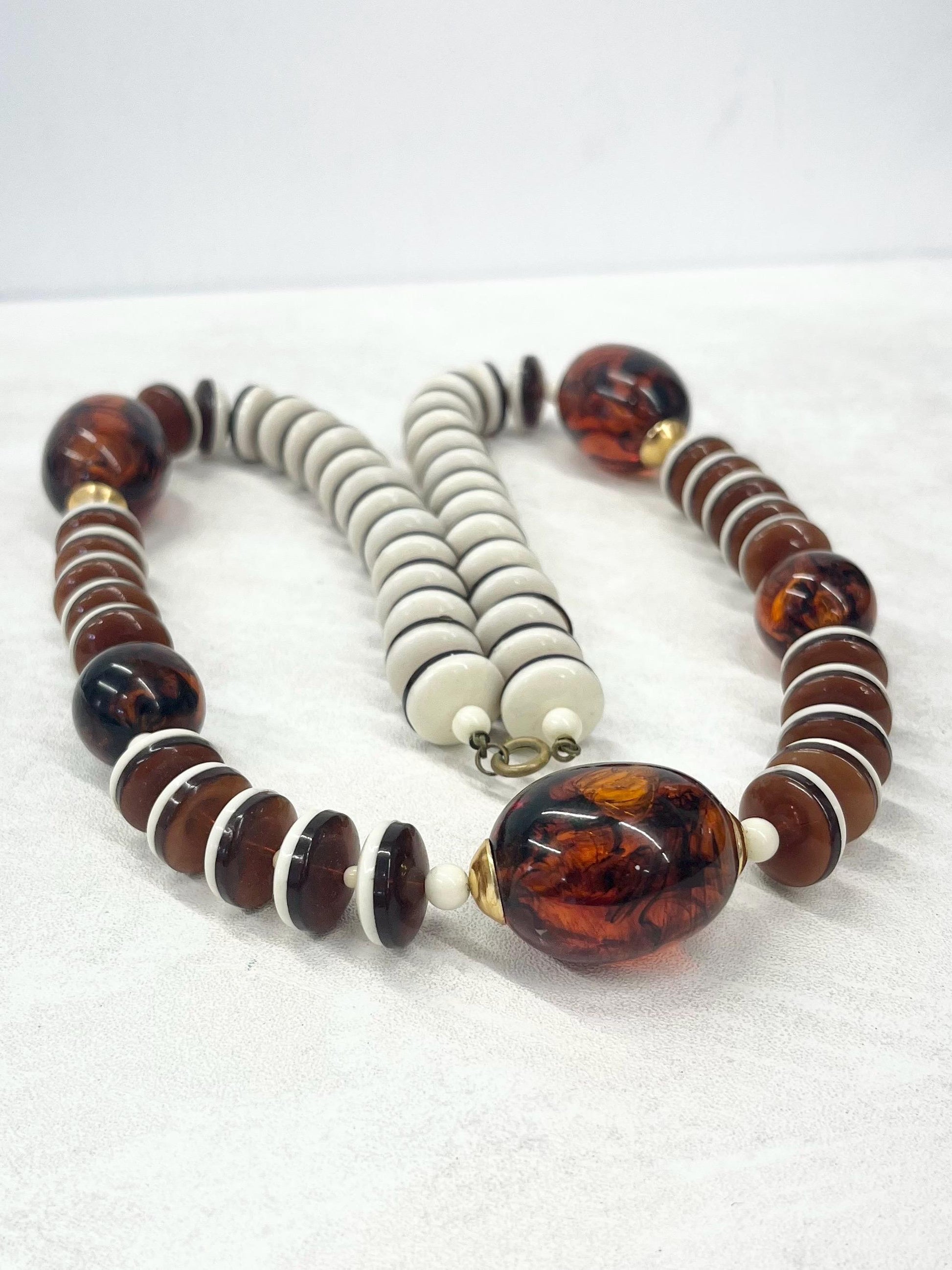 Vintage 1970’s - 1980’s Chunky Brown & Cream Acrylic Bead Necklace 29” Long MillyOliverVintage