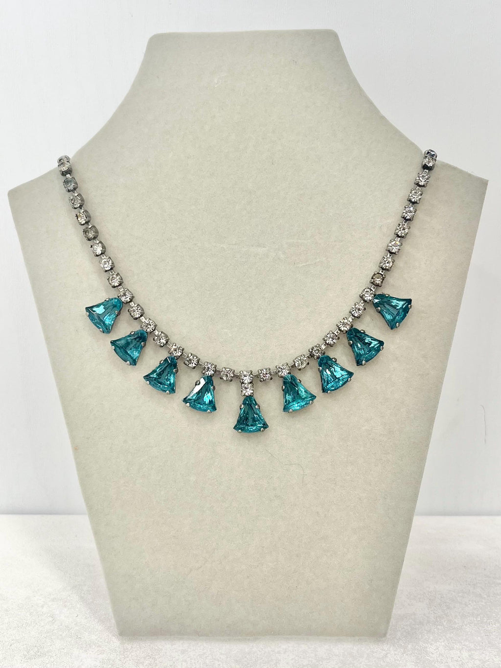 Vintage Silver Tone Turquoise Drop Diamante Crystal Paste Necklace 1960’s Beautiful Sparkles 16” MillyOliverVintage