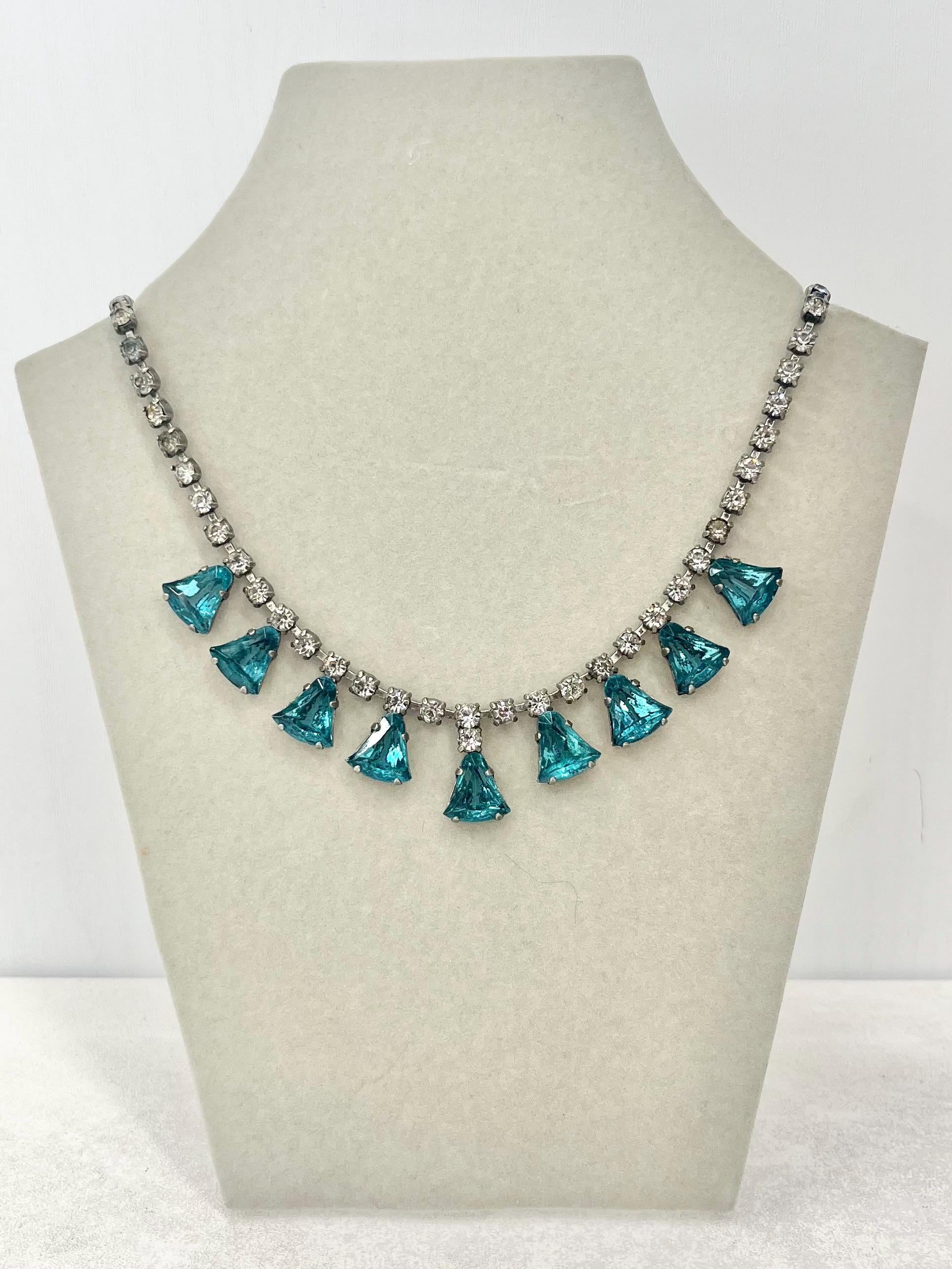 Vintage Silver Tone Turquoise Drop Diamante Crystal Paste Necklace 1960’s Beautiful Sparkles 16” MillyOliverVintage