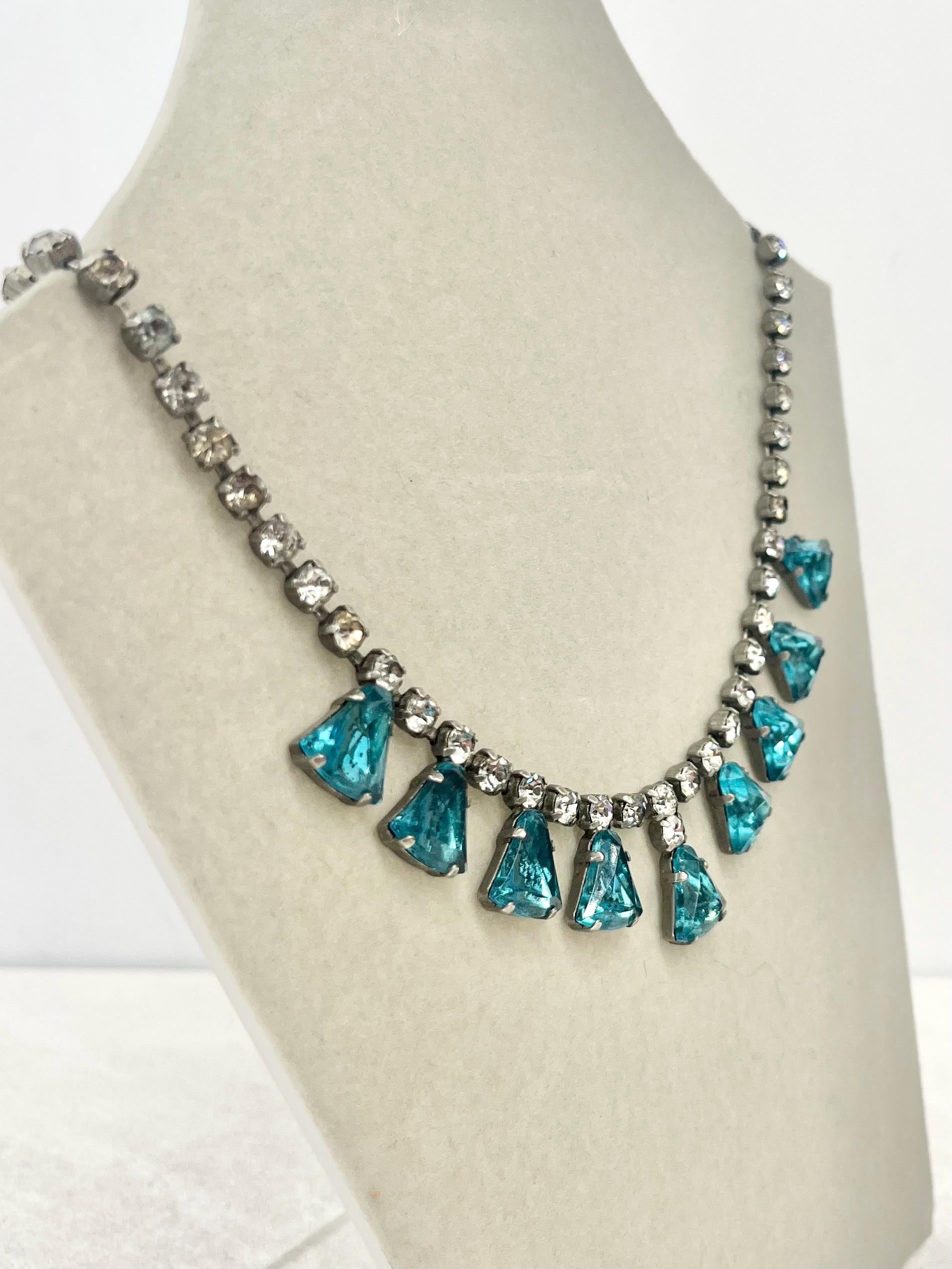 Vintage Silver Tone Turquoise Drop Diamante Crystal Paste Necklace 1960’s Beautiful Sparkles 16” MillyOliverVintage