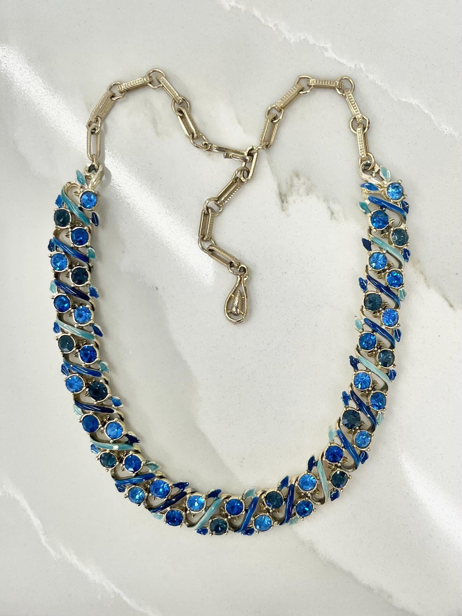 Vintage Gold Tone Blue Diamante Crystal and Enamel Collar Necklace 1960’s Beautiful Sparkles 14” - 17” Long MillyOliverVintage
