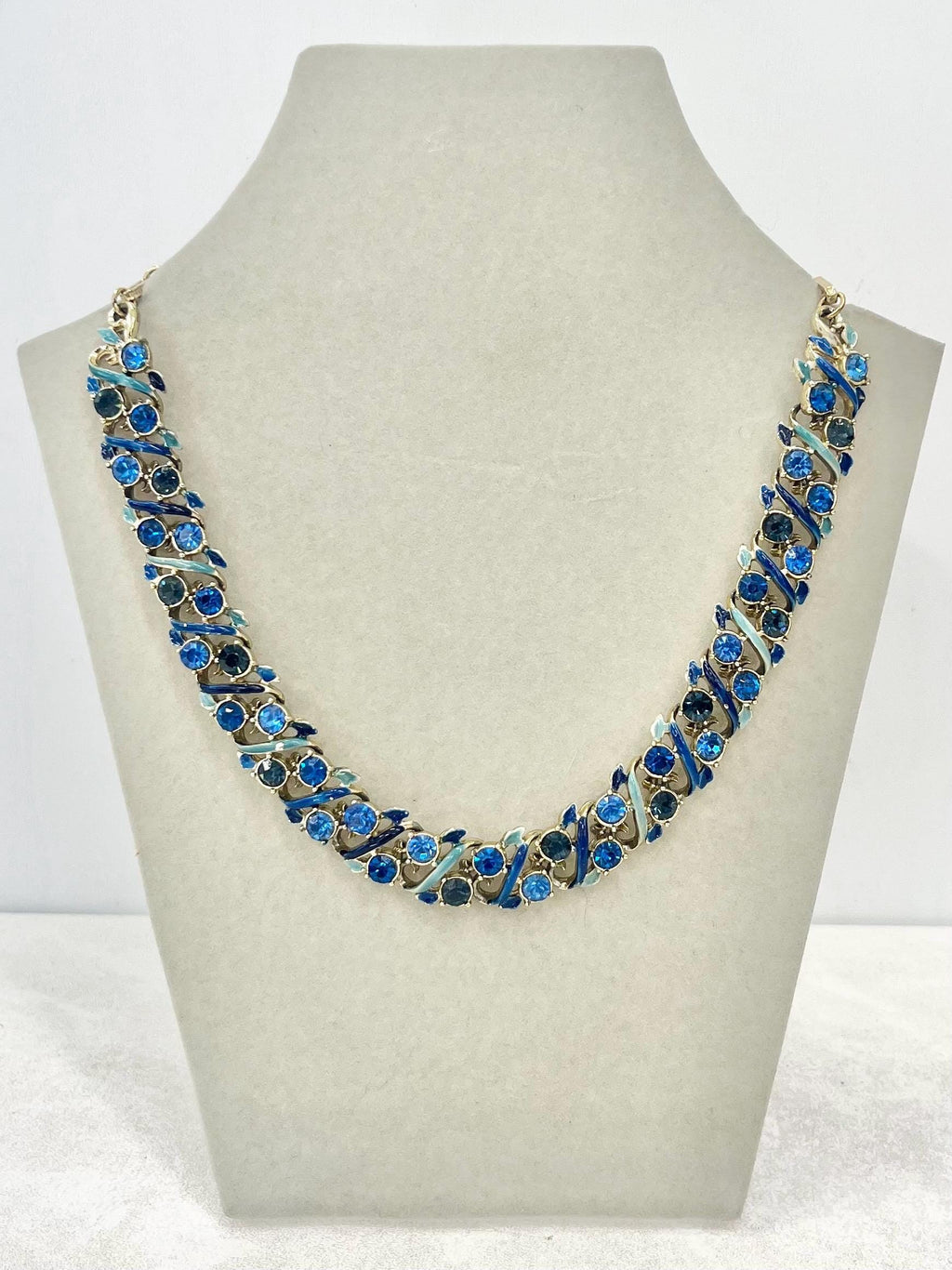 Vintage Gold Tone Blue Diamante Crystal and Enamel Collar Necklace 1960’s Beautiful Sparkles 14” - 17” Long MillyOliverVintage