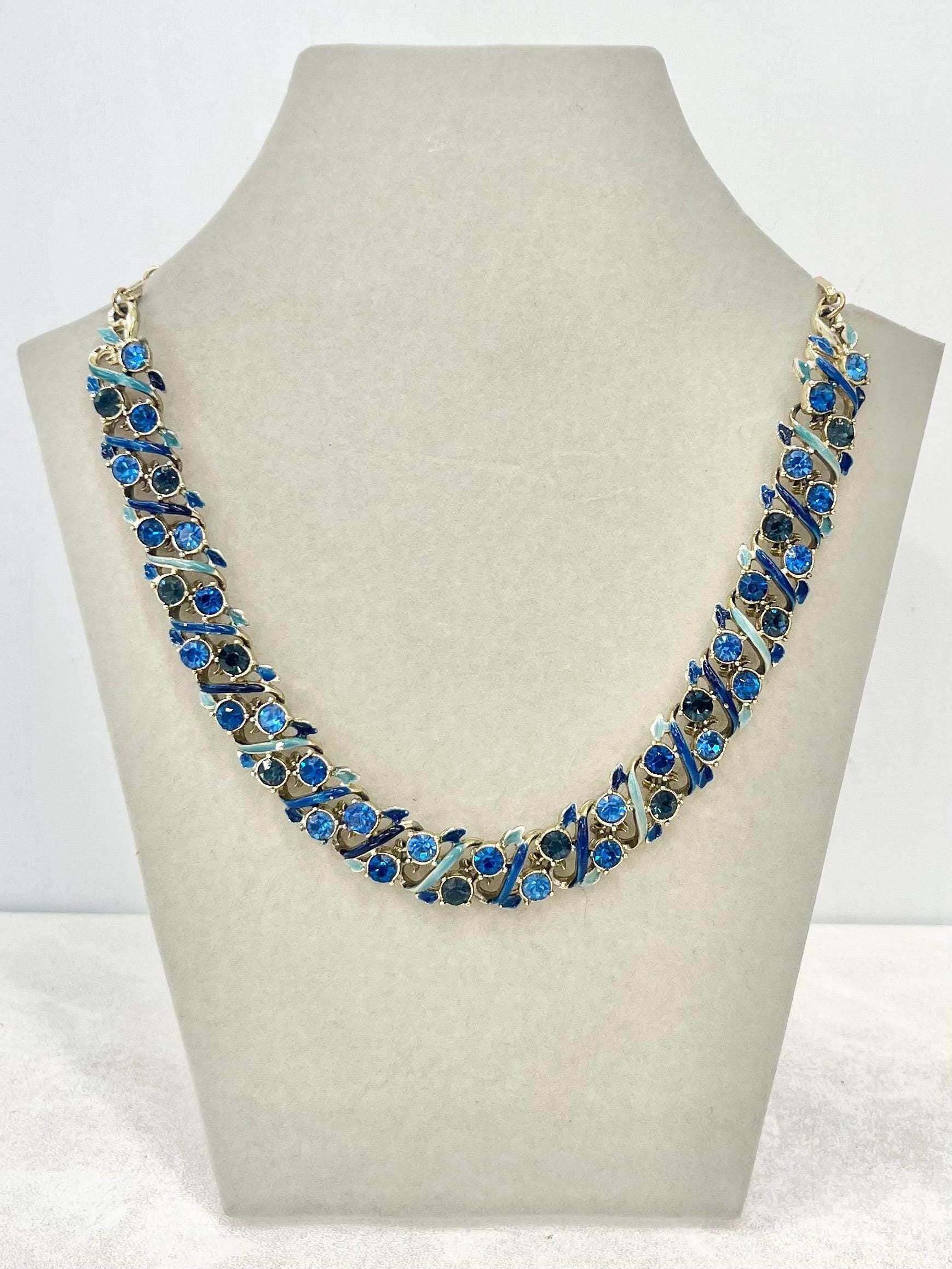 Vintage Gold Tone Blue Diamante Crystal and Enamel Collar Necklace 1960’s Beautiful Sparkles 14” - 17” Long MillyOliverVintage