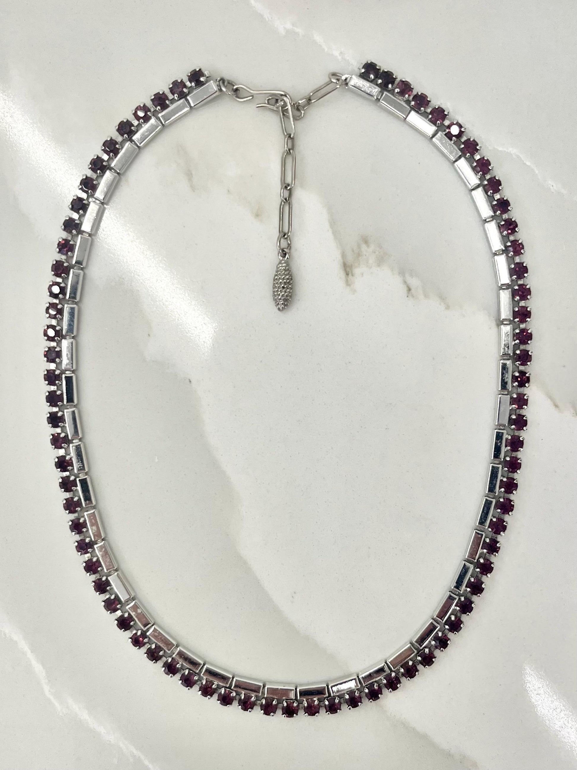 Vintage Silver Tone Amethyst Diamante Crystal Collar Necklace 1960’s Beautiful Sparkles 16” Long with a 2” Extender Chain MillyOliverVintage