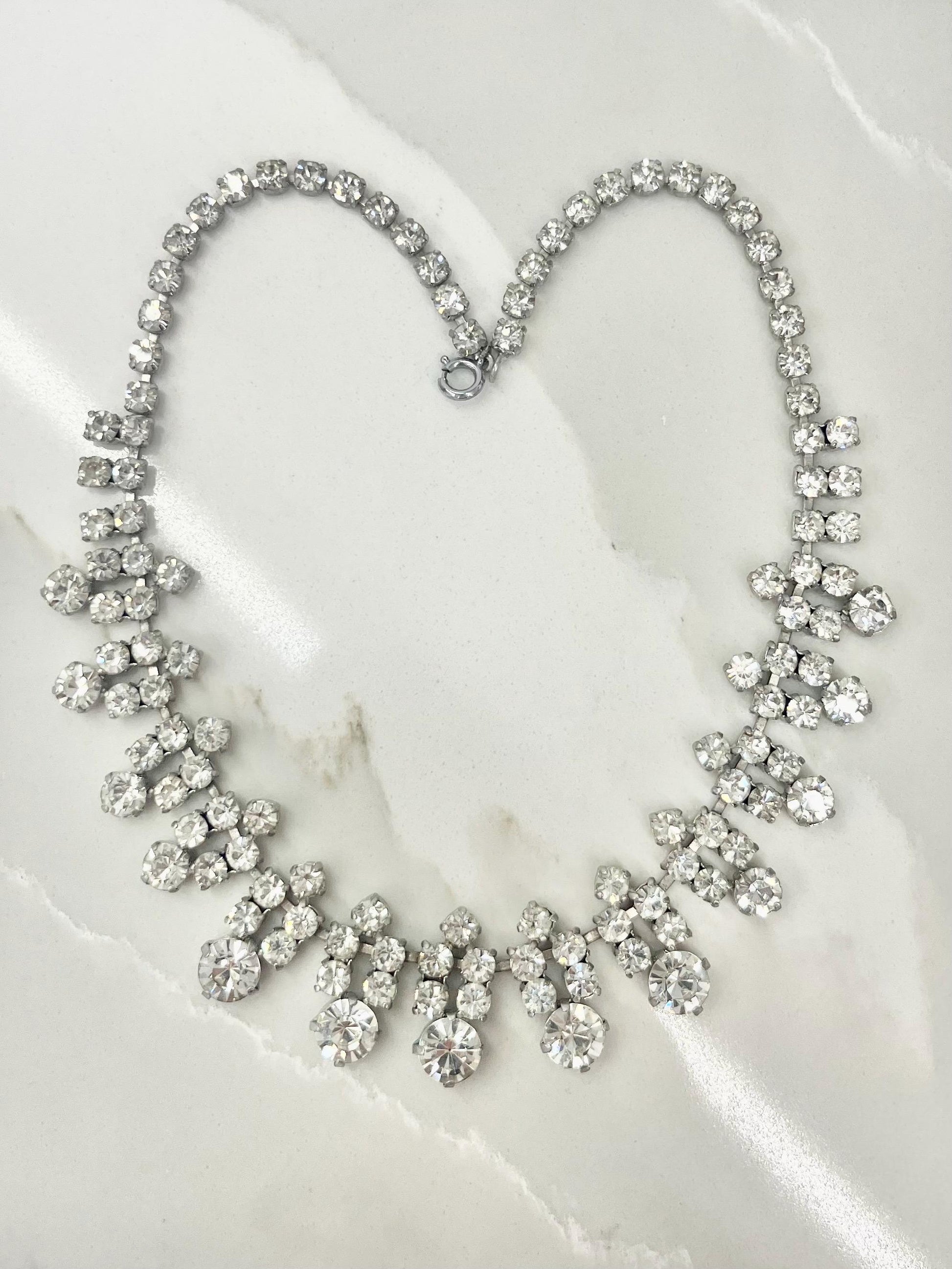 Vintage Silver Tone Clear Crystal Diamante Droplet Necklace 1960’s Beautifully Sparkling MillyOliverVintage