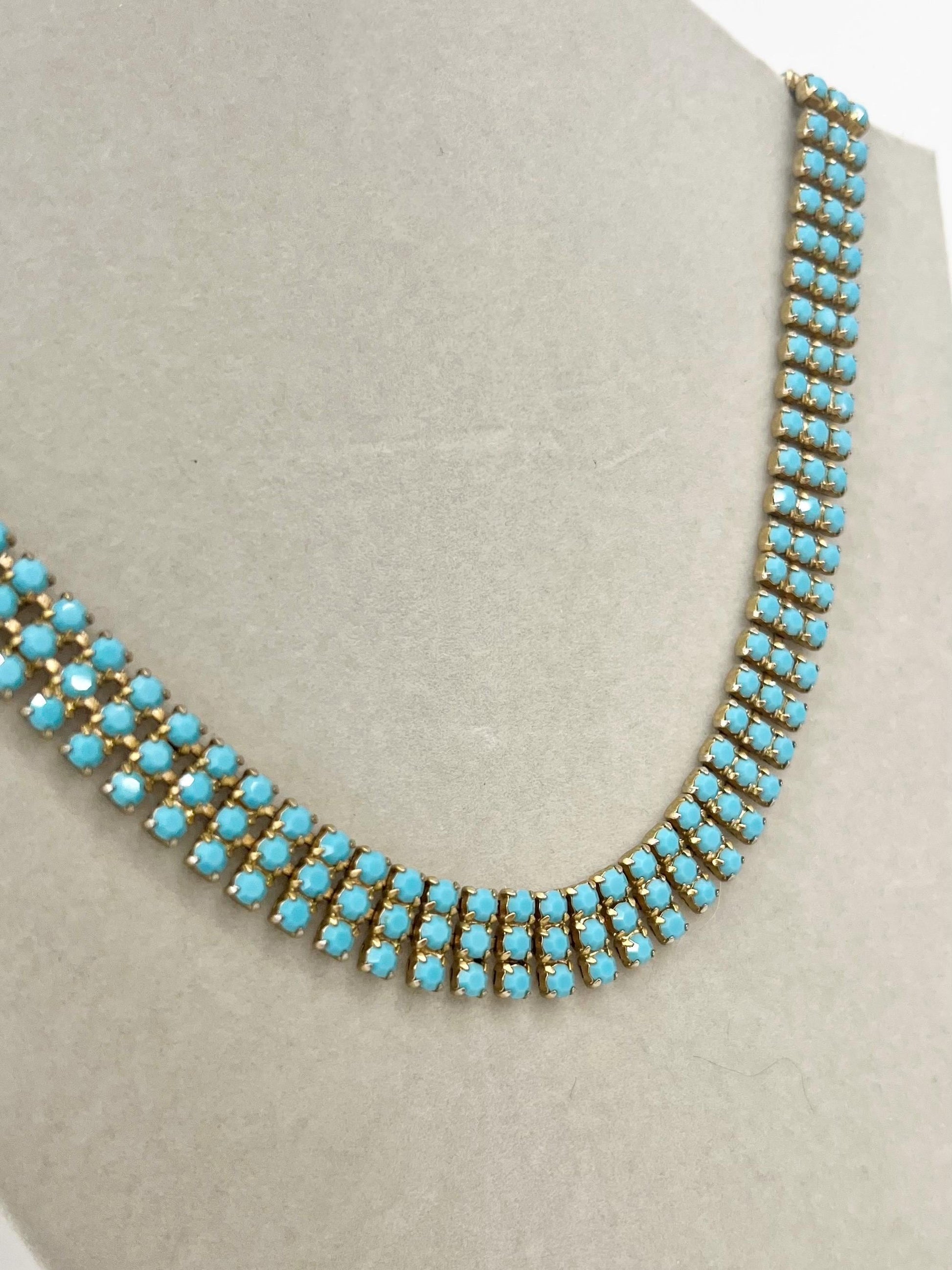Vintage 1960’s - 1970’s Gold Tone Turquoise Diamante Crystal Cleopatra Style Necklace MillyOliverVintage