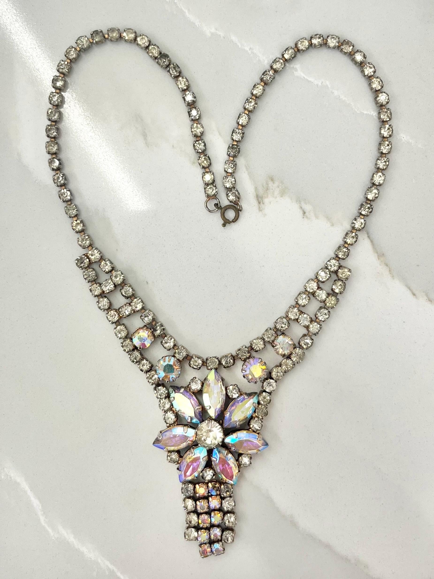 Impressive Vintage Silver Tone Flower Drop Tassle Necklace with Aurora Borealis Crystals 1960’s MillyOliverVintage