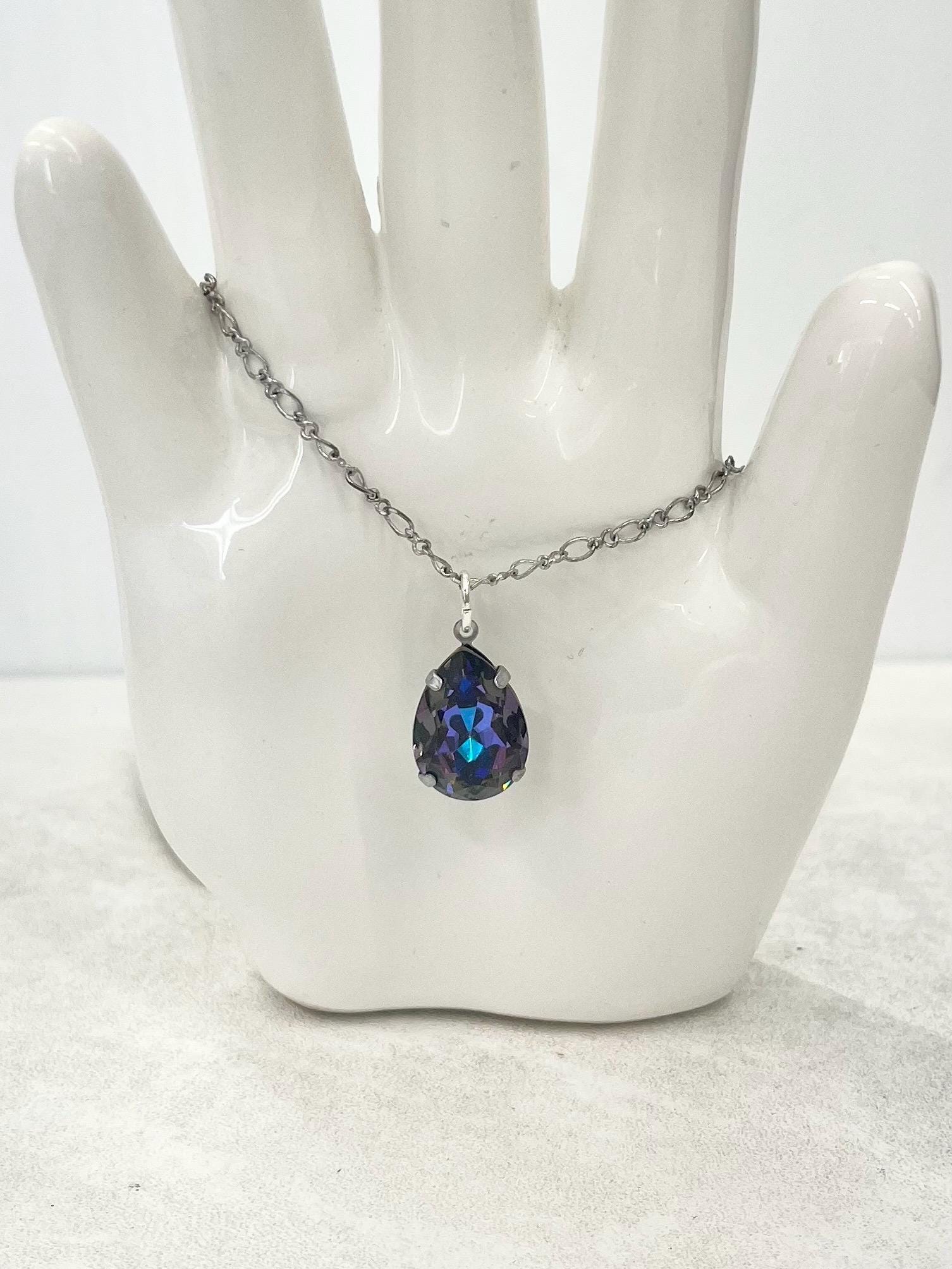 Sparkling Swarovski Crystal Elements Pear Drop Pendant Necklace Fancy Chain - 16” Long - Choice of Colours - by Milly Oliver MillyOliverVintage