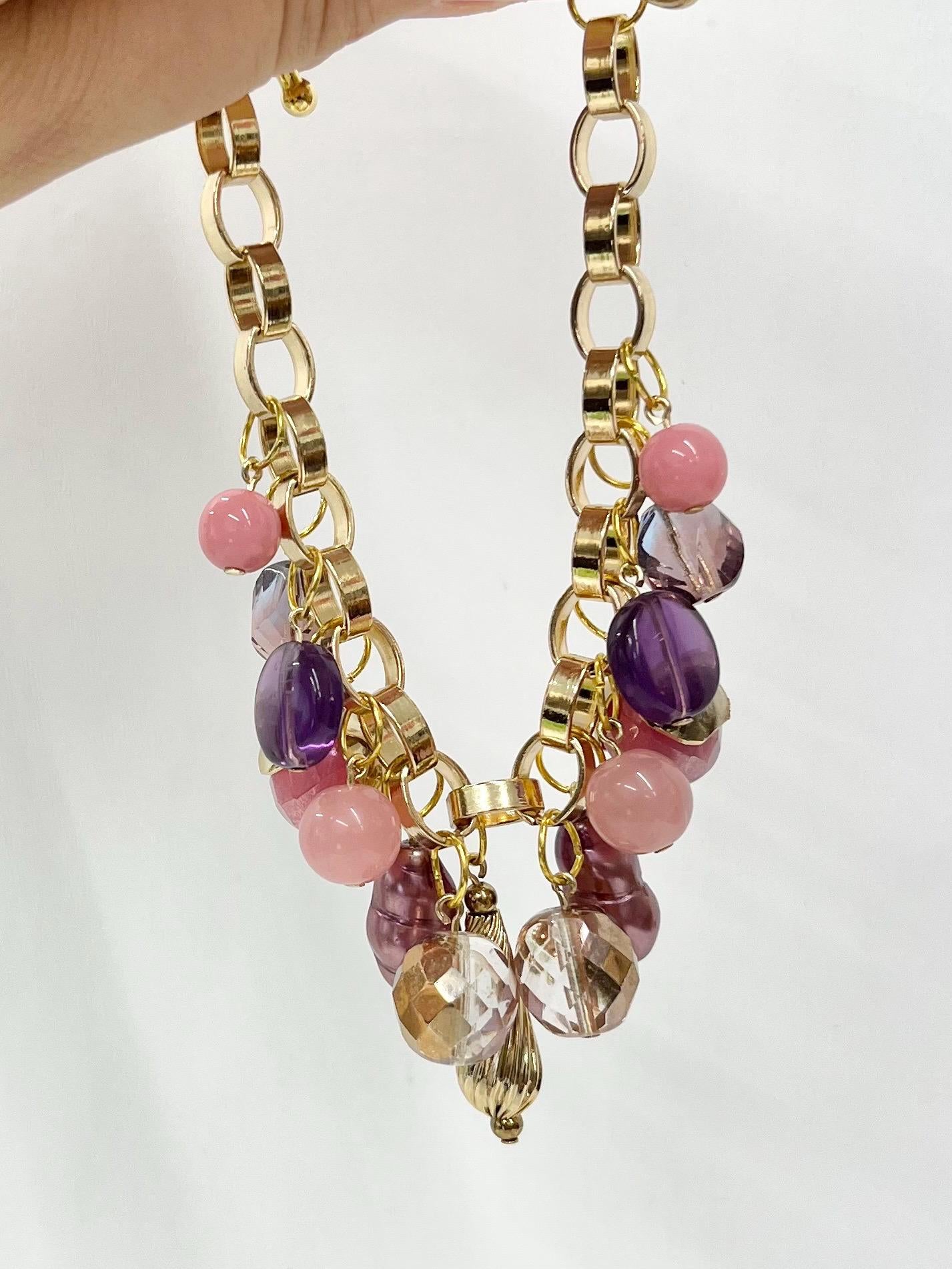 Handmade Gold Plate Pink & Purple Glass Bead Charm Bracelet with a Toggle Clasp - by Milly Oliver MillyOliverVintage