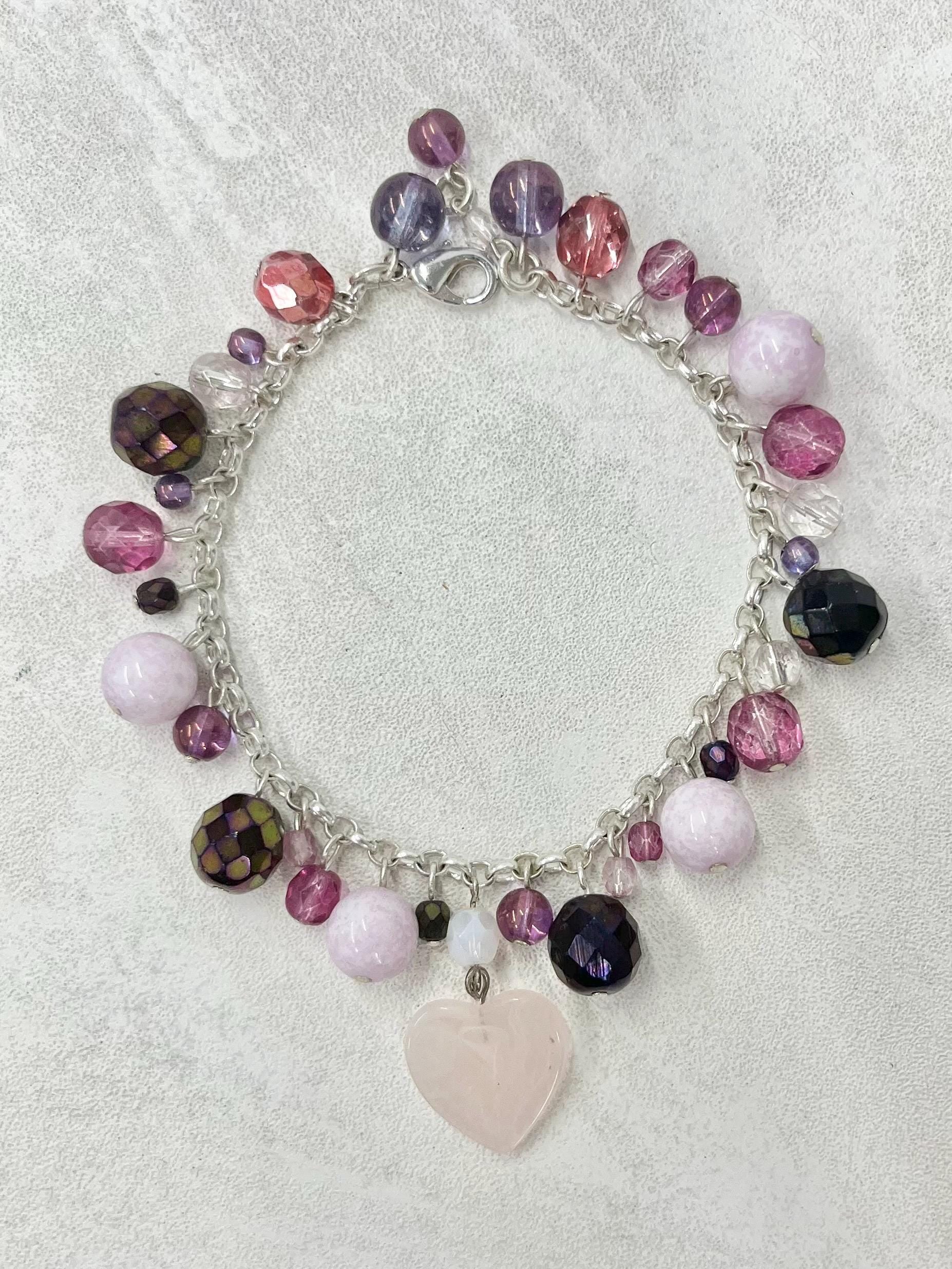Handmade Silver Plate Pink & Purple Glass Bead Charm Bracelet with a Heart Drop - by Milly Oliver MillyOliverVintage