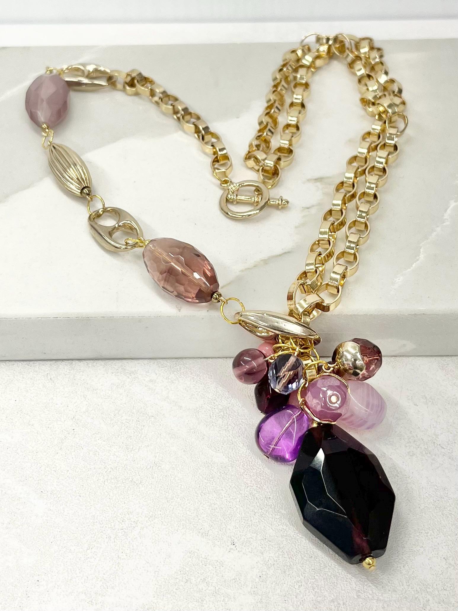 Assymetric Two Chain Amethyst Cluster Drop Gold Plate Necklace - by Milly Oliver MillyOliverVintage