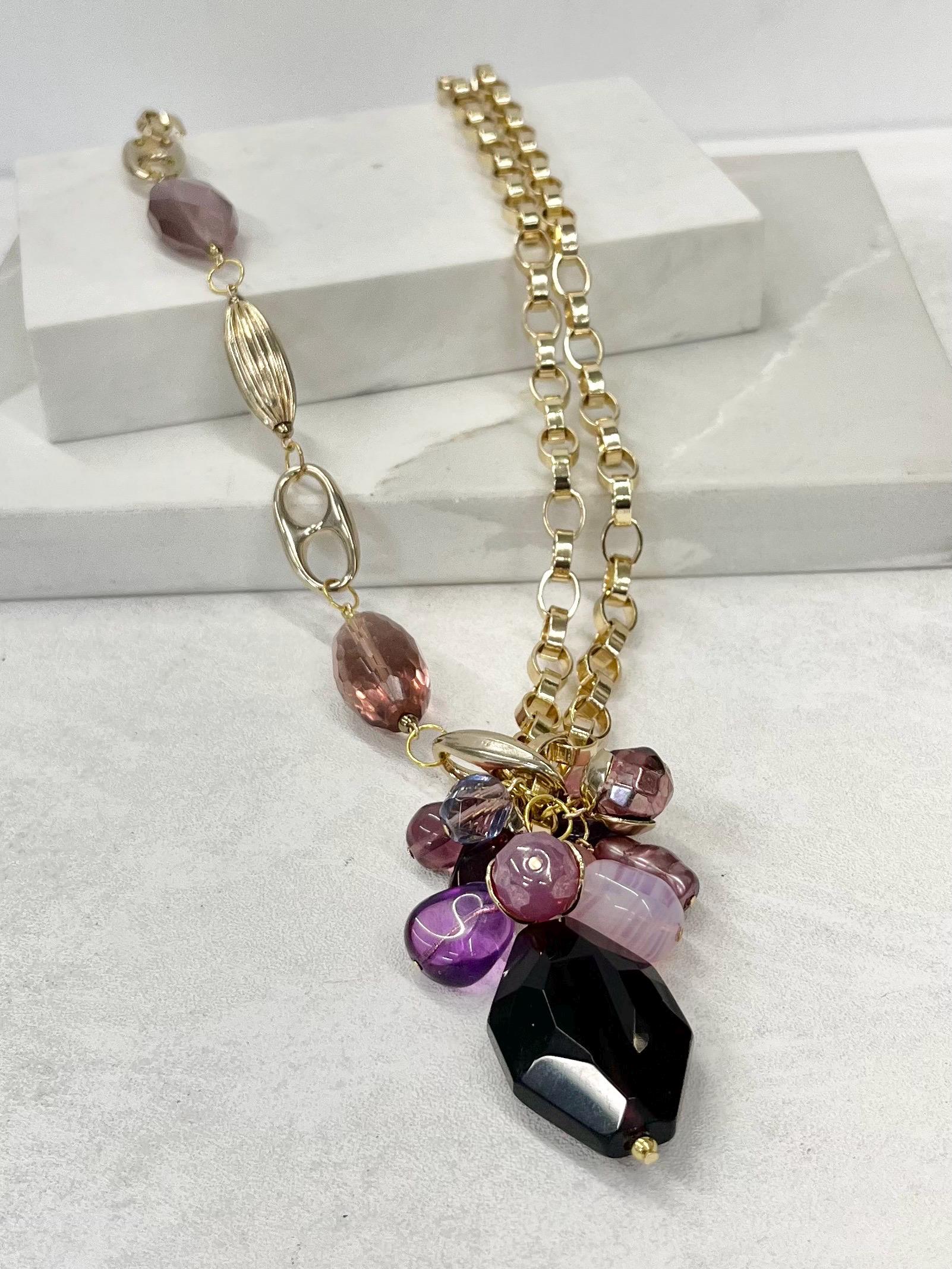 Assymetric Two Chain Amethyst Cluster Drop Gold Plate Necklace - by Milly Oliver MillyOliverVintage