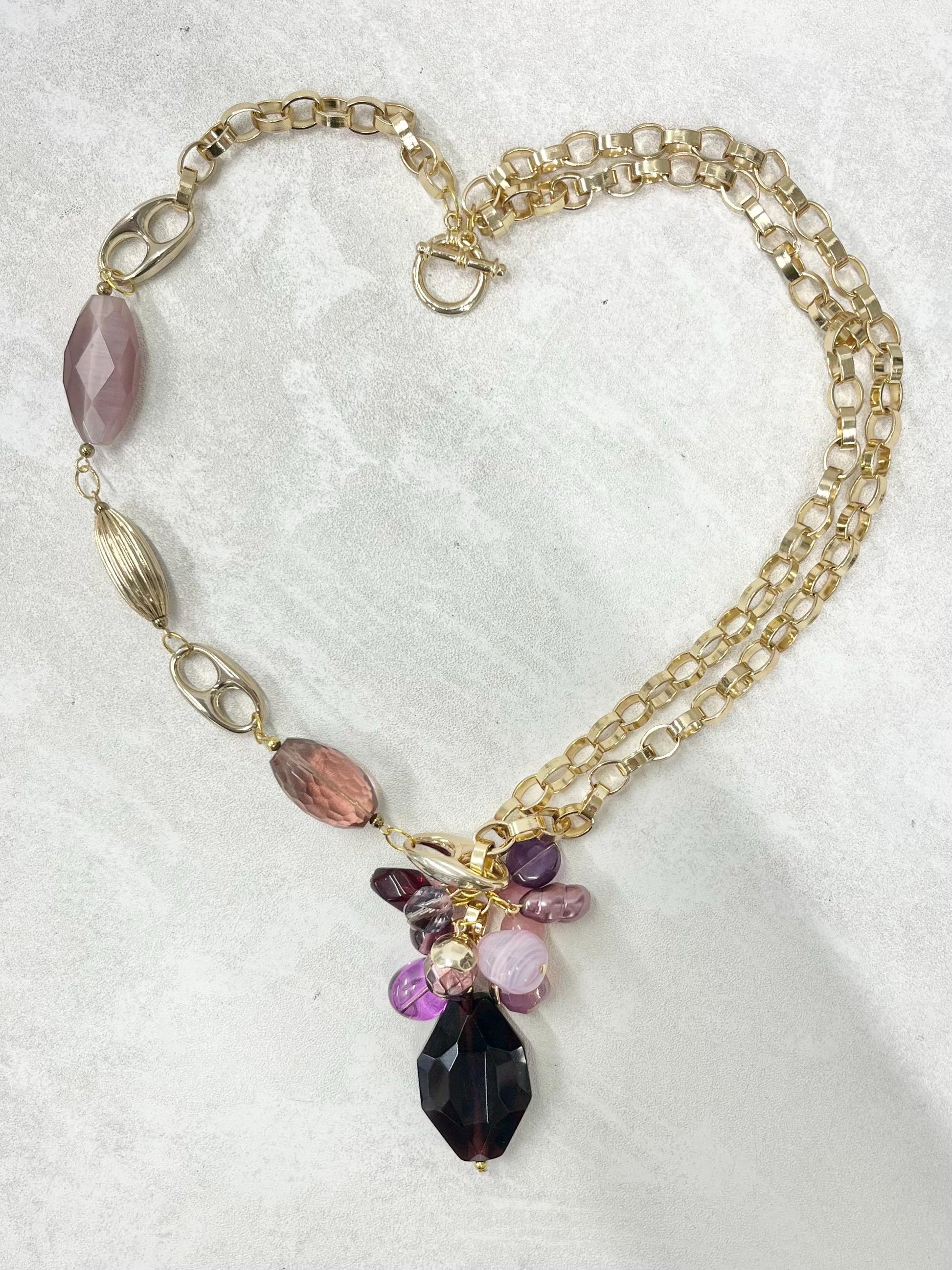 Assymetric Two Chain Amethyst Cluster Drop Gold Plate Necklace - by Milly Oliver MillyOliverVintage