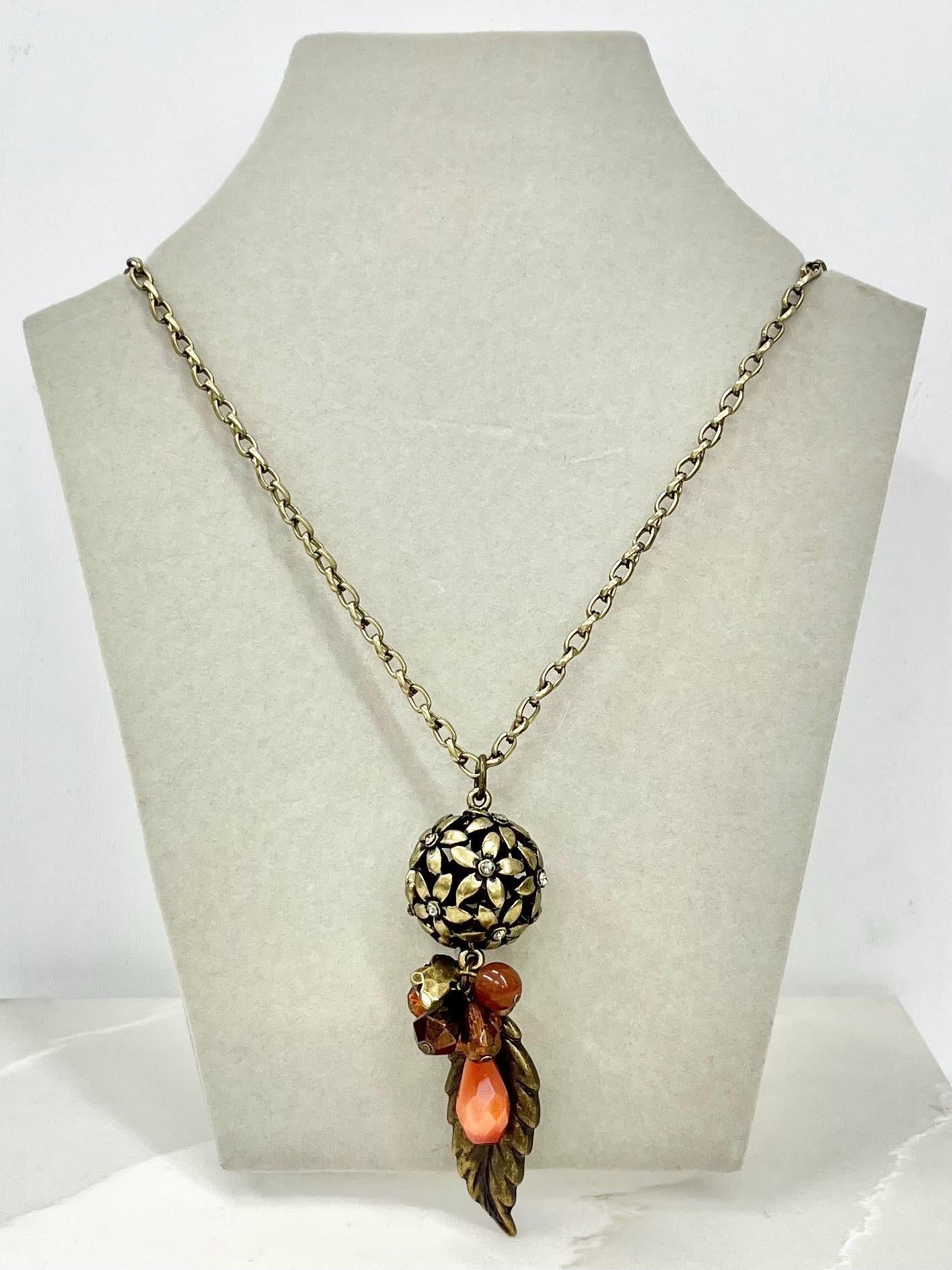 Autumnal Antique Gold Colour Brown & Orange Cluster Leaf Drop Necklace - by Milly Oliver MillyOliverVintage