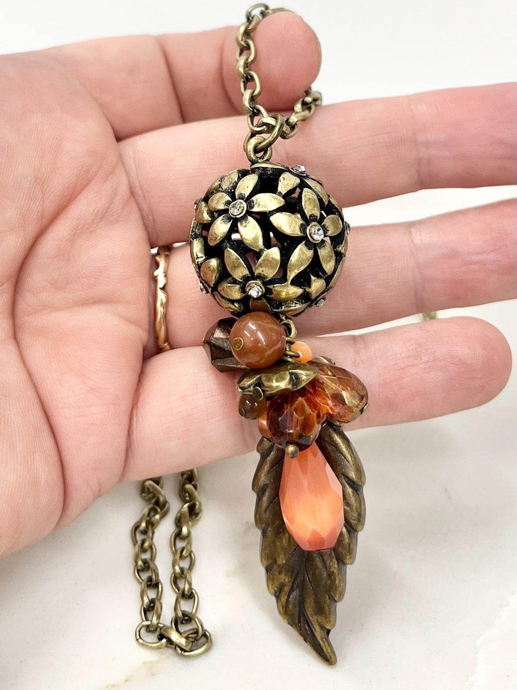 Autumnal Antique Gold Colour Brown & Orange Cluster Leaf Drop Necklace - by Milly Oliver MillyOliverVintage