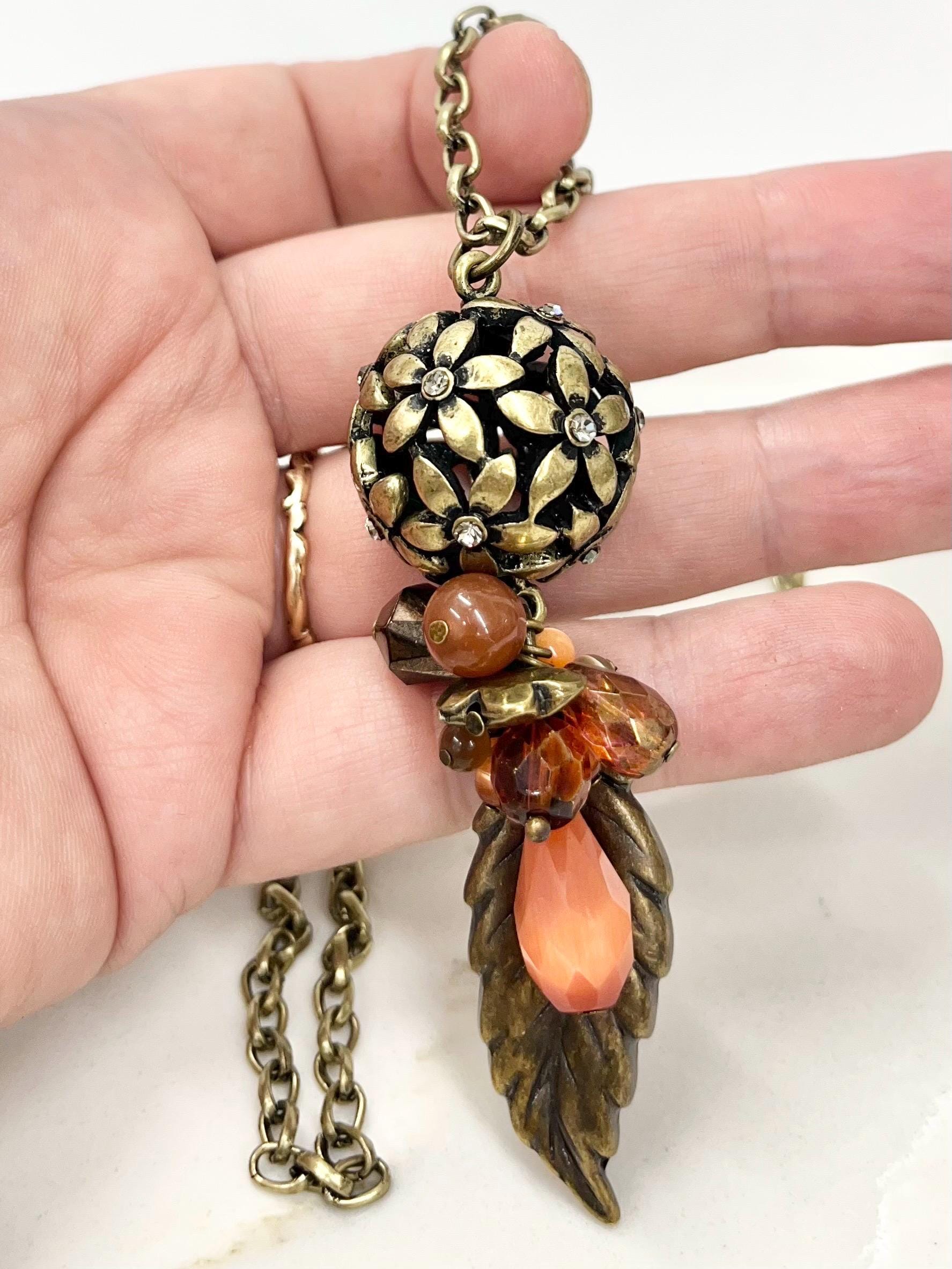 Autumnal Antique Gold Colour Brown & Orange Cluster Leaf Drop Necklace - by Milly Oliver MillyOliverVintage