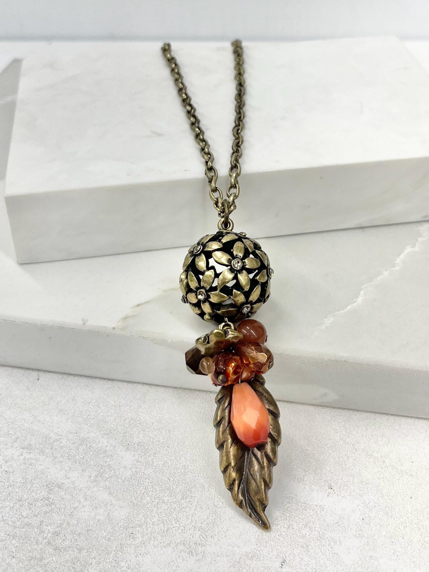 Autumnal Antique Gold Colour Brown & Orange Cluster Leaf Drop Necklace - by Milly Oliver MillyOliverVintage