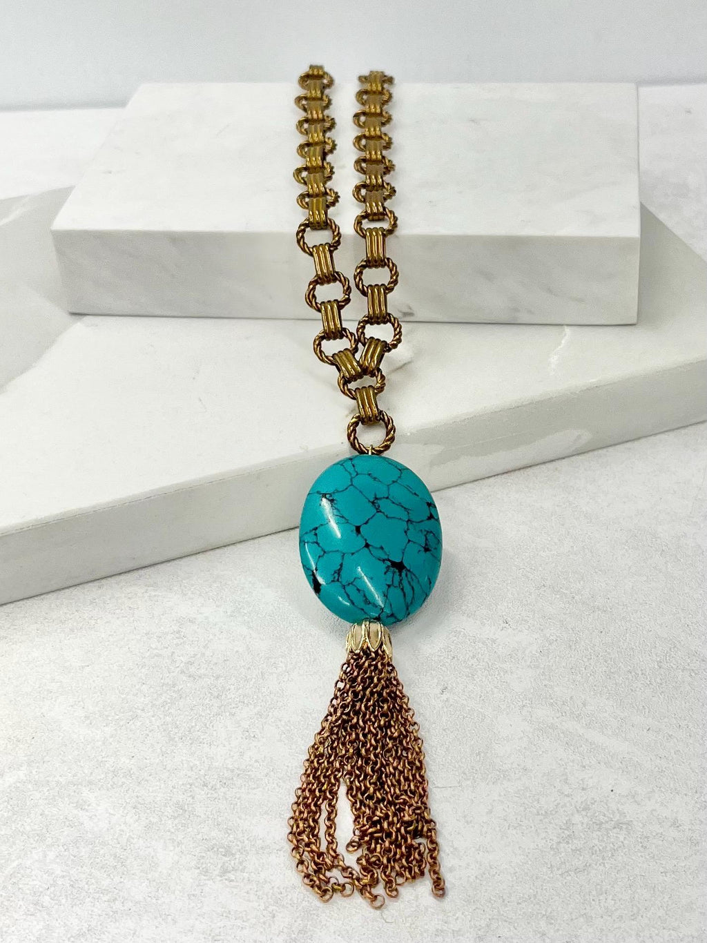 Chunky Faux Turquoise Tassle Drop Necklace in Antique Gold Tone - by Milly Oliver MillyOliverVintage