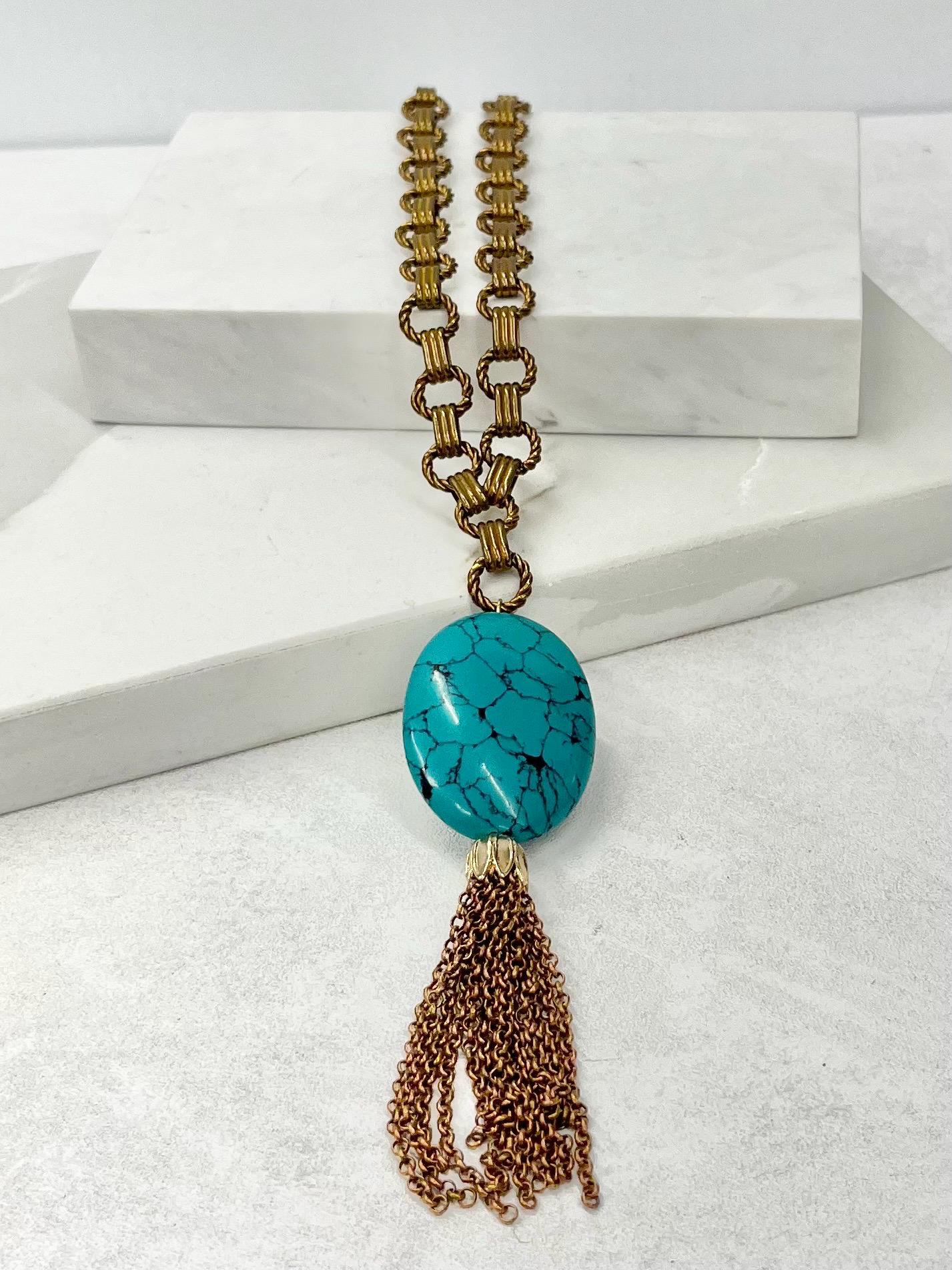 Chunky Faux Turquoise Tassle Drop Necklace in Antique Gold Tone - by Milly Oliver MillyOliverVintage