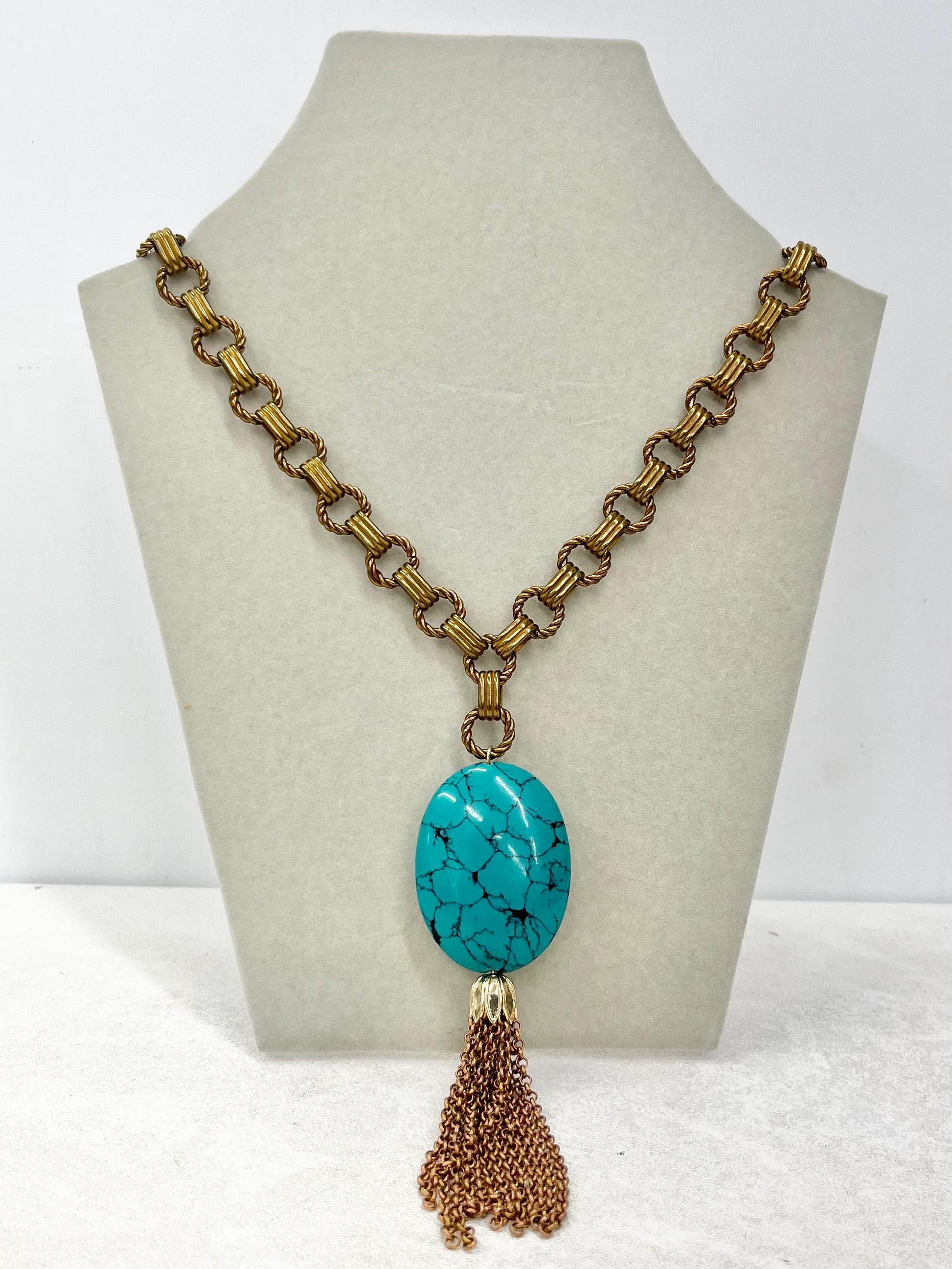 Chunky Faux Turquoise Tassle Drop Necklace in Antique Gold Tone - by Milly Oliver MillyOliverVintage