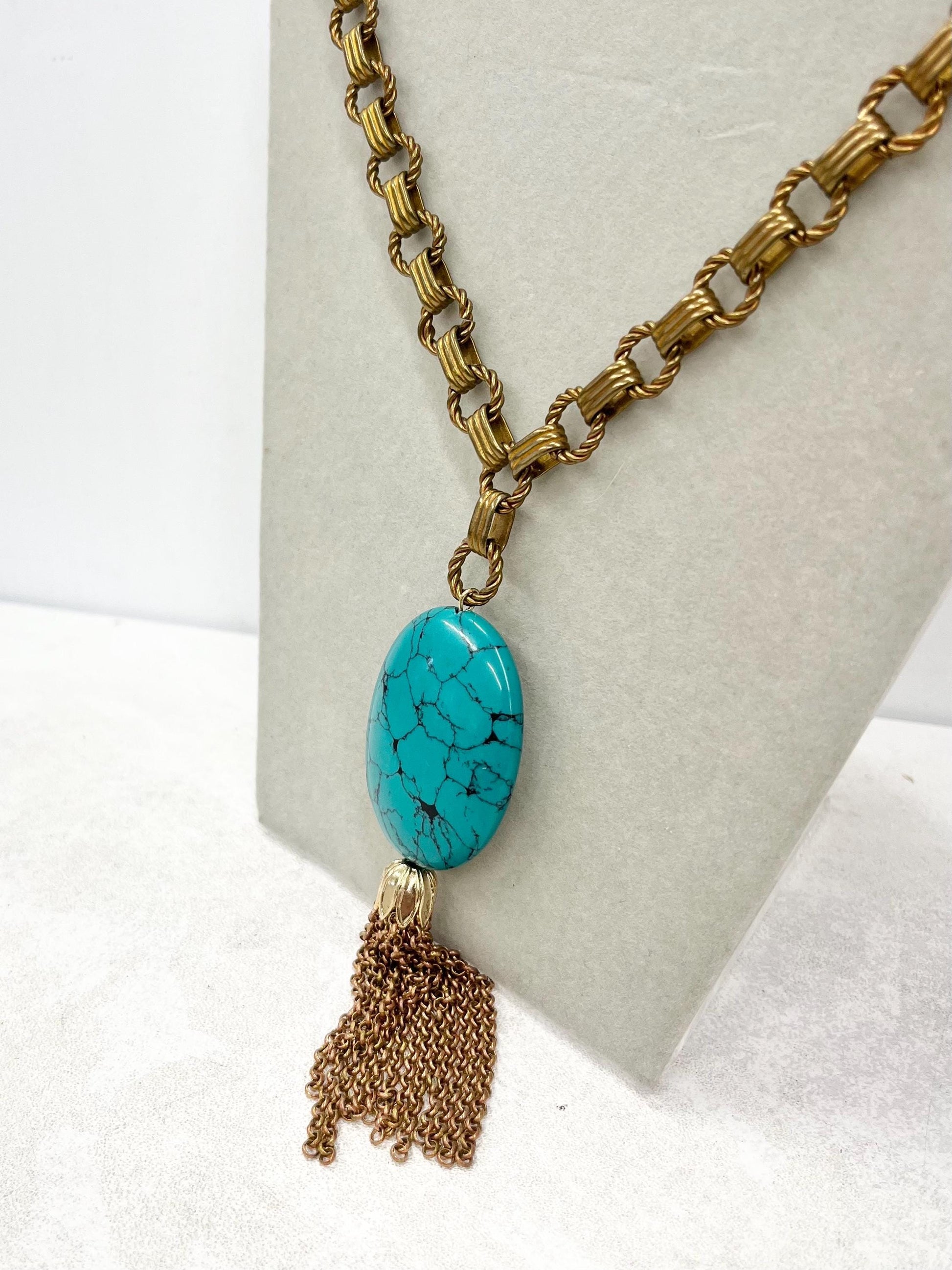 Chunky Faux Turquoise Tassle Drop Necklace in Antique Gold Tone - by Milly Oliver MillyOliverVintage