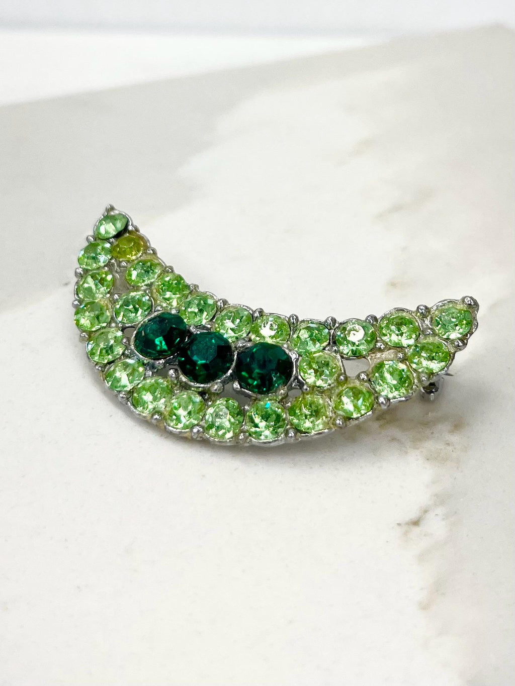 Vintage Green Uranium Glass Crystal Moon Brooch Silver Tone with a UV Reactive Glow UV Jewellery Large Statement Brooch MillyOliverVintage