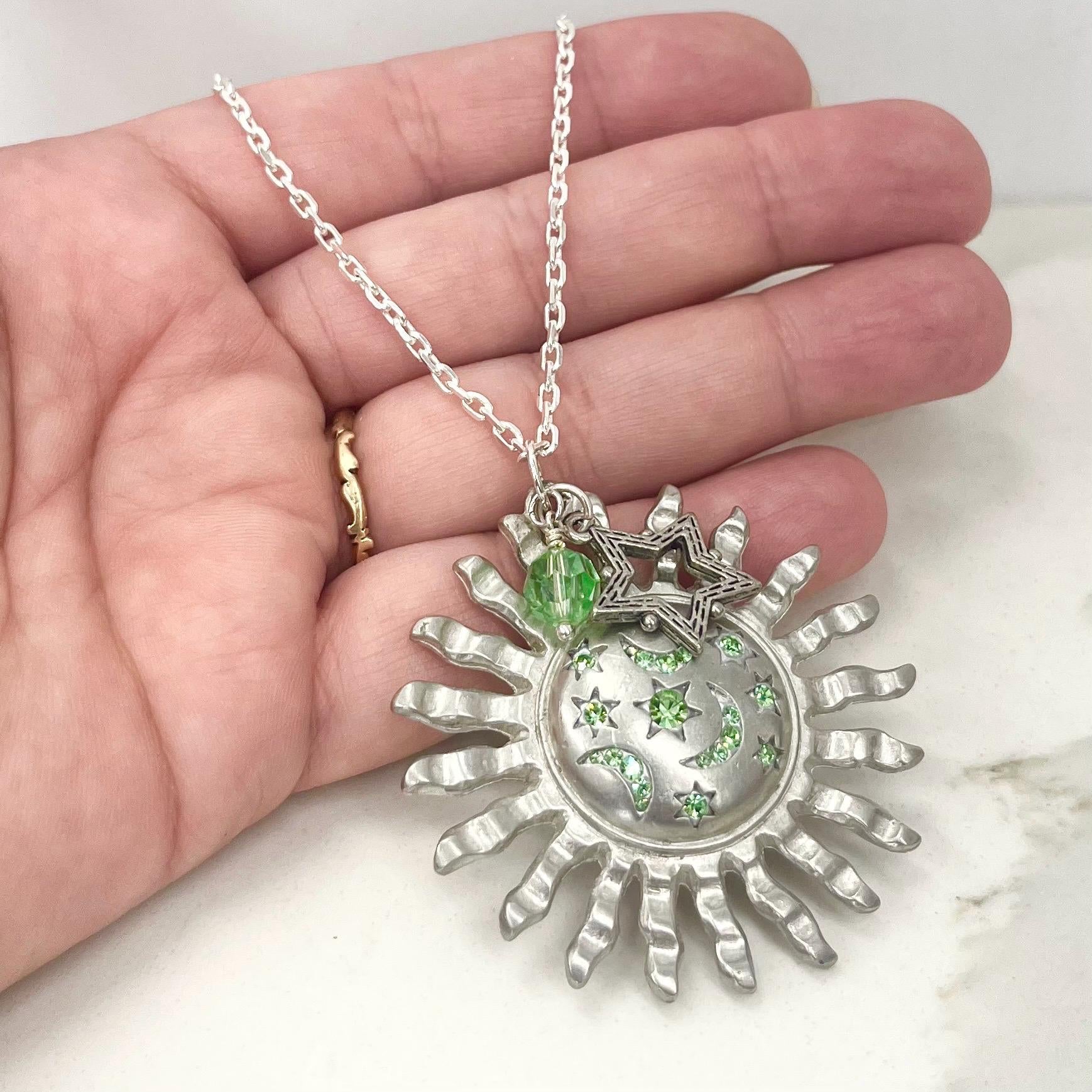 Uranium Glass Crystal Sun & Moon Pendant with Vintage Uranium Swarovski Crystal Elements in a Silver Tone Setting MillyOliverVintage