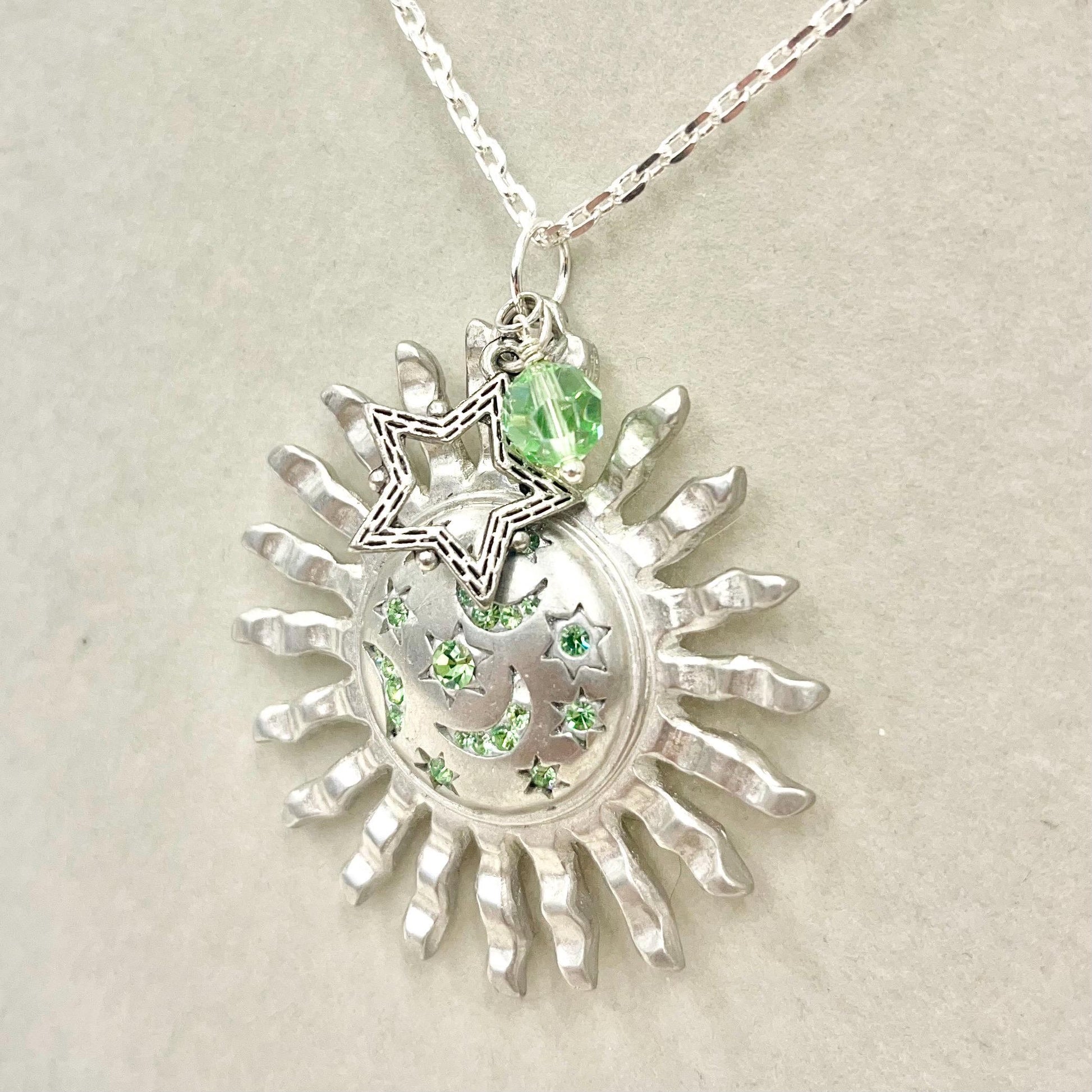 Uranium Glass Crystal Sun & Moon Pendant with Vintage Uranium Swarovski Crystal Elements in a Silver Tone Setting MillyOliverVintage