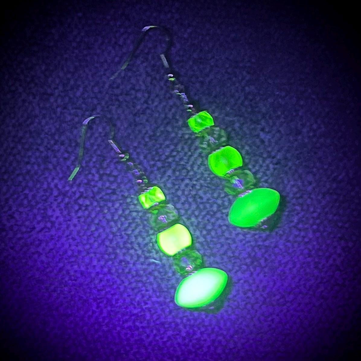 Teal Yellow & Green Uranium Glass Bead Drop Earrings Gold Plate UV Reactive Glow - Milly Oliver MillyOliverVintage