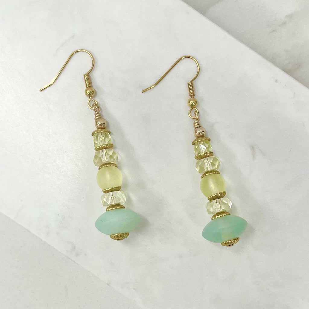 Teal Yellow & Green Uranium Glass Bead Drop Earrings Gold Plate UV Reactive Glow - Milly Oliver MillyOliverVintage
