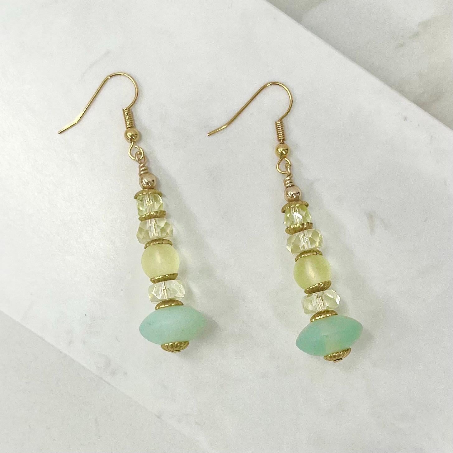 Teal Yellow & Green Uranium Glass Bead Drop Earrings Gold Plate UV Reactive Glow - Milly Oliver MillyOliverVintage