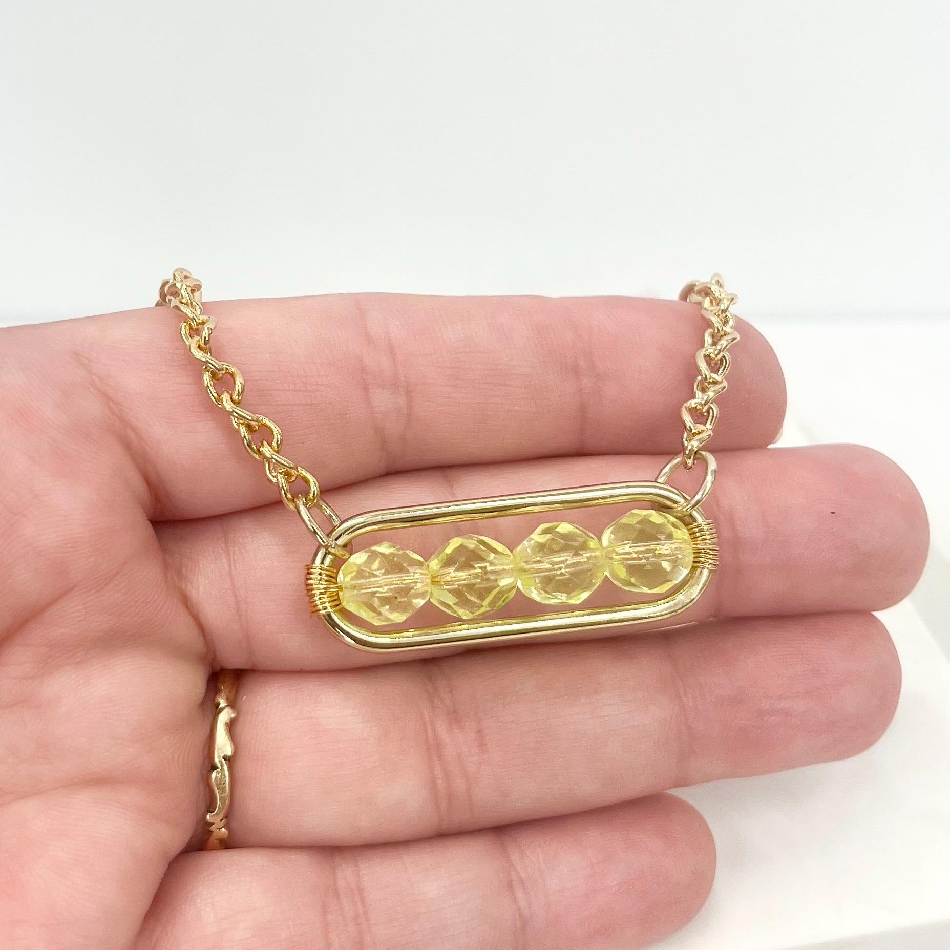 Contemporary Yellow Uranium Glass Crystal and Gold Plate Chain Necklace UV Reactive Glow MillyOliverVintage