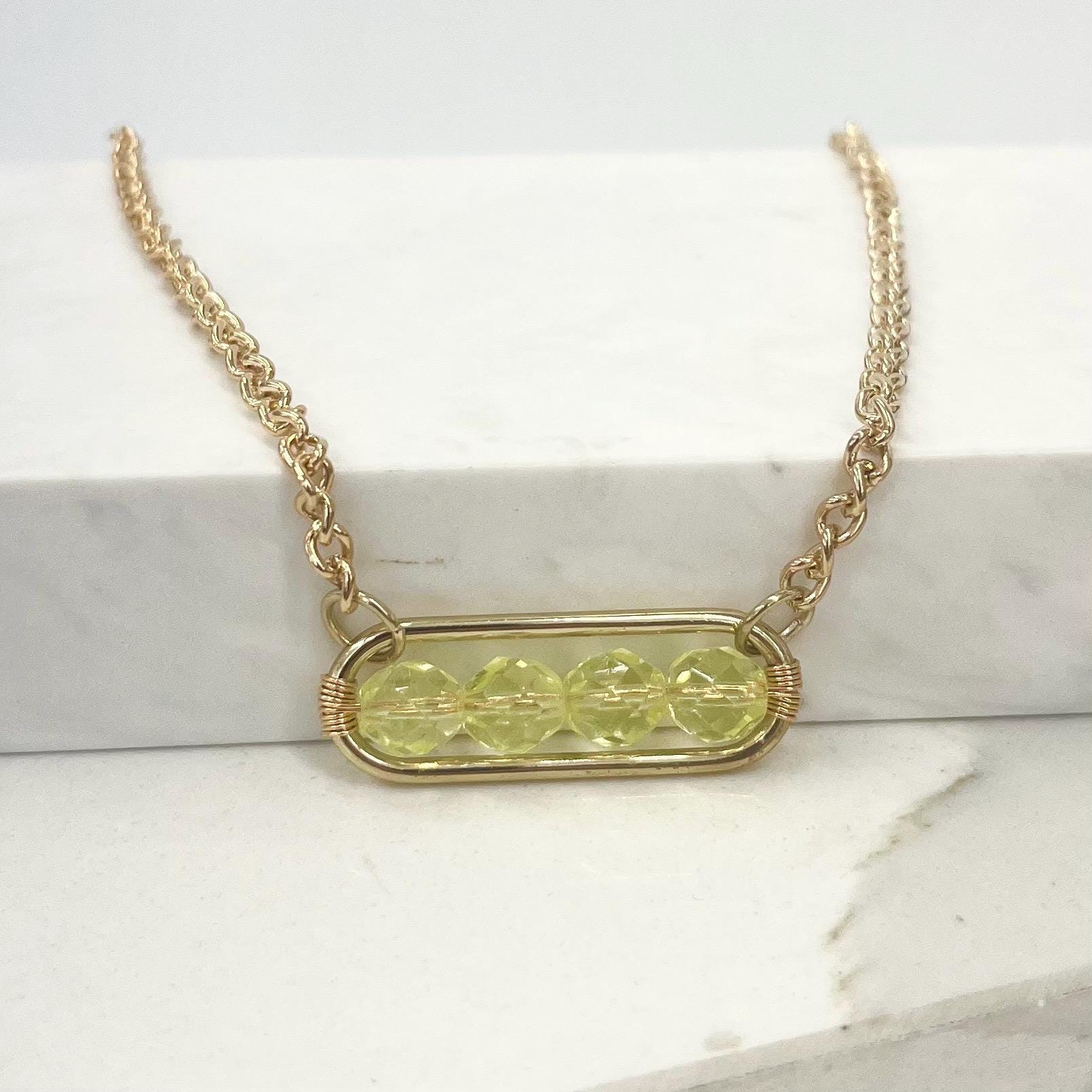 Contemporary Yellow Uranium Glass Crystal and Gold Plate Chain Necklace UV Reactive Glow MillyOliverVintage