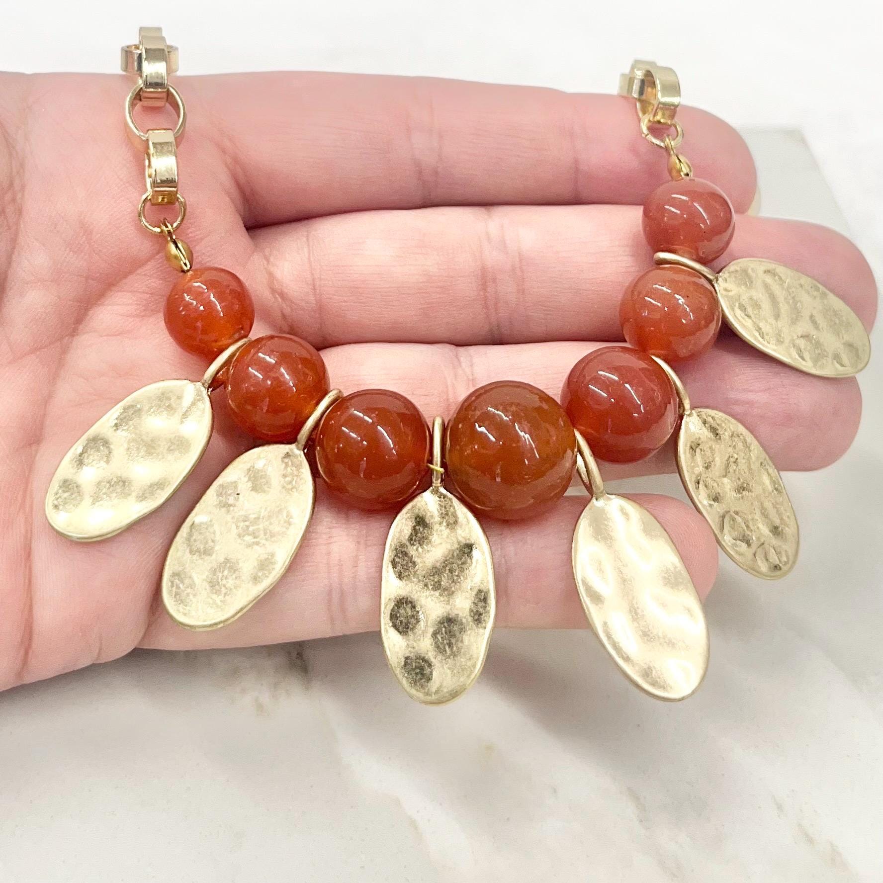 Orange Carnelian Glass Uranium Glass Gold Plated Chain Necklace UV Reactive Glow MillyOliverVintage