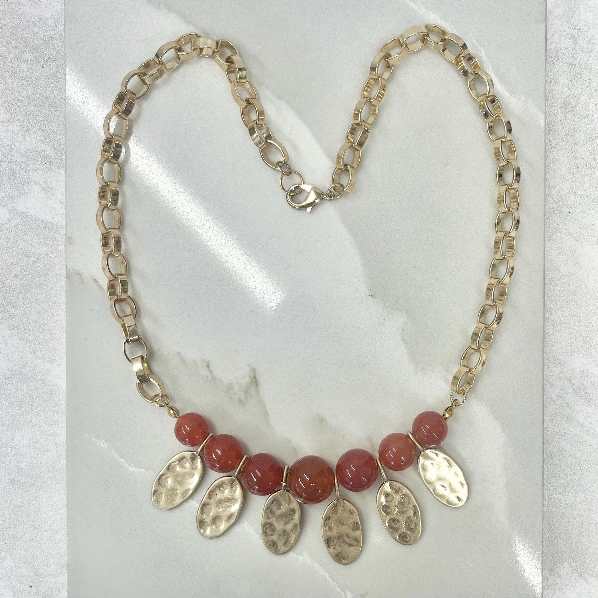 Orange Carnelian Glass Uranium Glass Gold Plated Chain Necklace UV Reactive Glow MillyOliverVintage