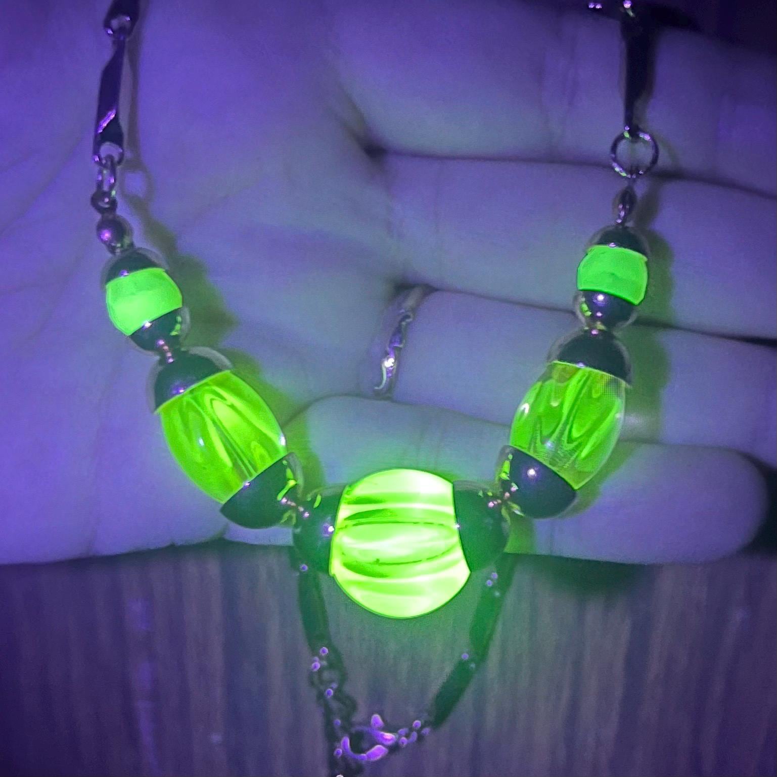 Contemporary Uranium Glass Beaded Gold Plated Chain Necklace UV Reactive Glow MillyOliverVintage
