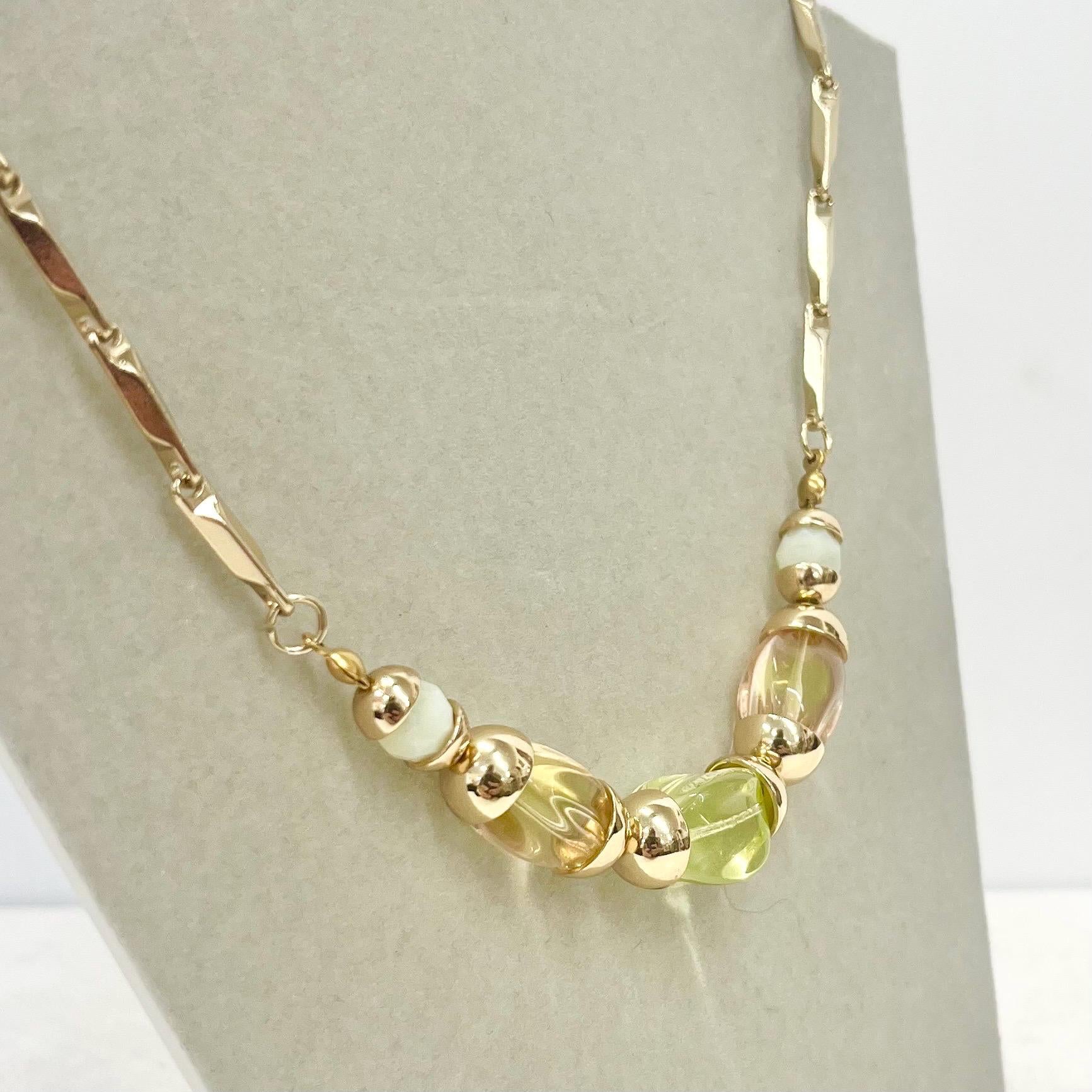 Contemporary Uranium Glass Beaded Gold Plated Chain Necklace UV Reactive Glow MillyOliverVintage