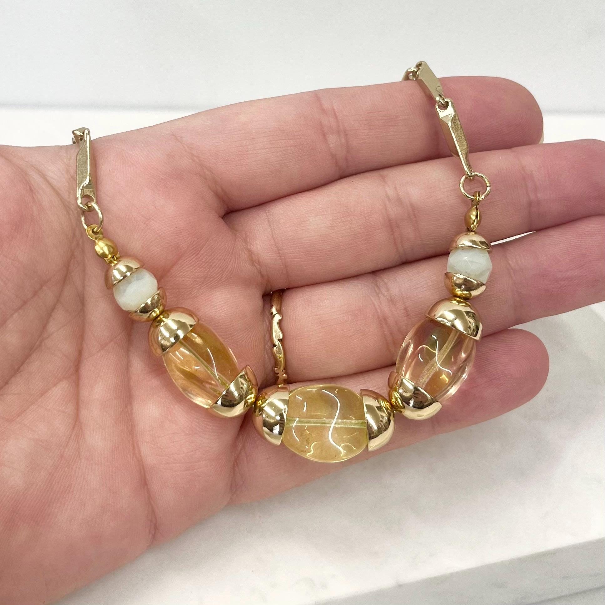 Contemporary Uranium Glass Beaded Gold Plated Chain Necklace UV Reactive Glow MillyOliverVintage