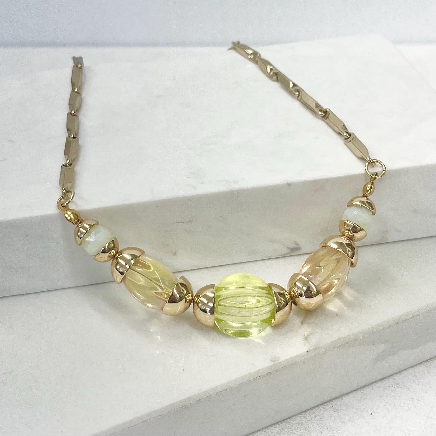 Contemporary Uranium Glass Beaded Gold Plated Chain Necklace UV Reactive Glow MillyOliverVintage