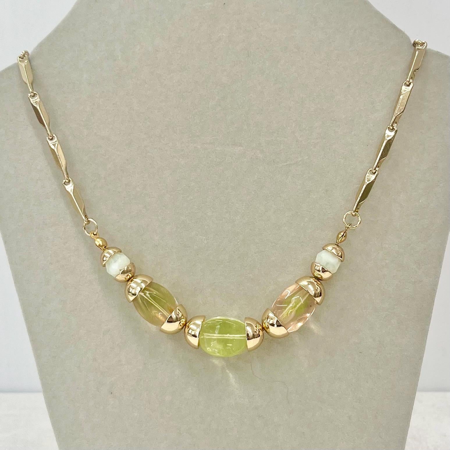 Contemporary Uranium Glass Beaded Gold Plated Chain Necklace UV Reactive Glow MillyOliverVintage