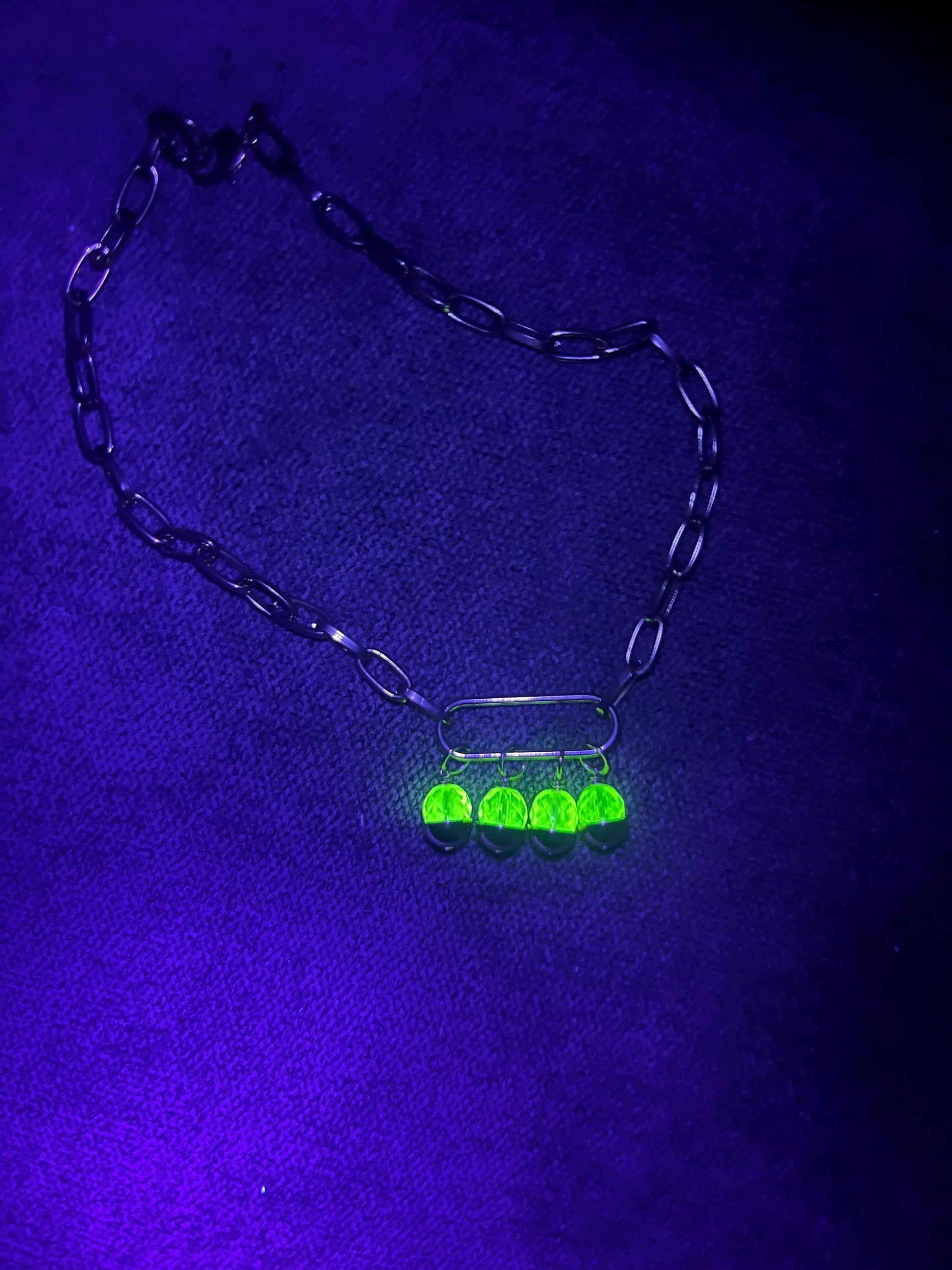Contemporary Yellow Uranium Glass Crystal Bead Drop and Gold Plate Chain Necklace UV Reactive Glow MillyOliverVintage