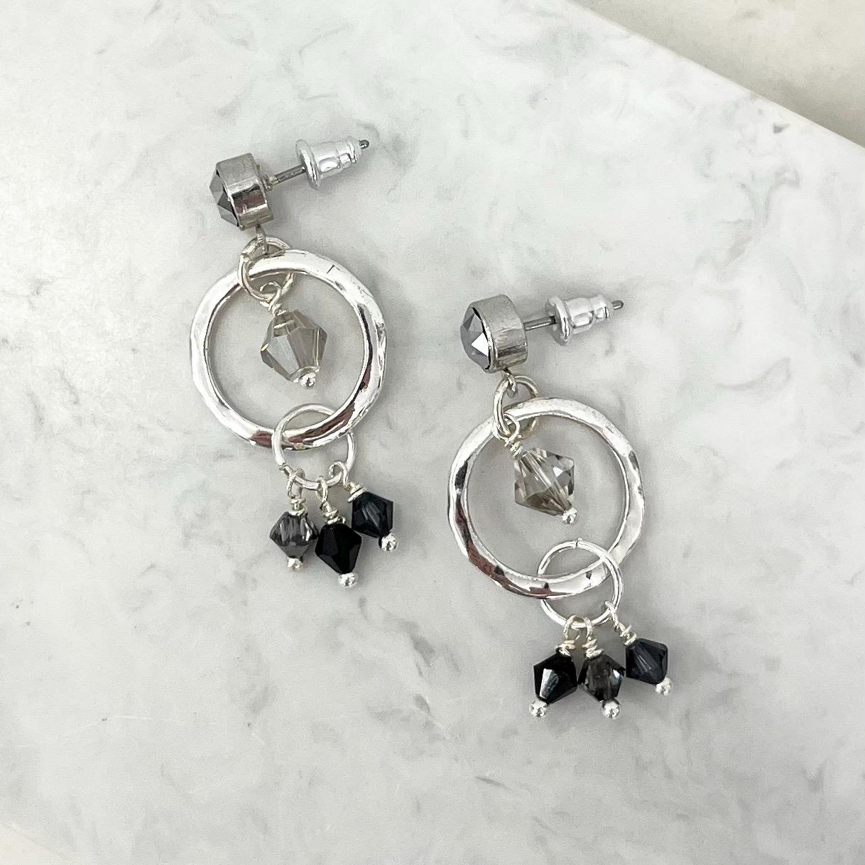 Contemporary Black & Grey Swarovski Crystal Droplet Silver Plated Hoop Earrings - Milly Oliver MillyOliverVintage