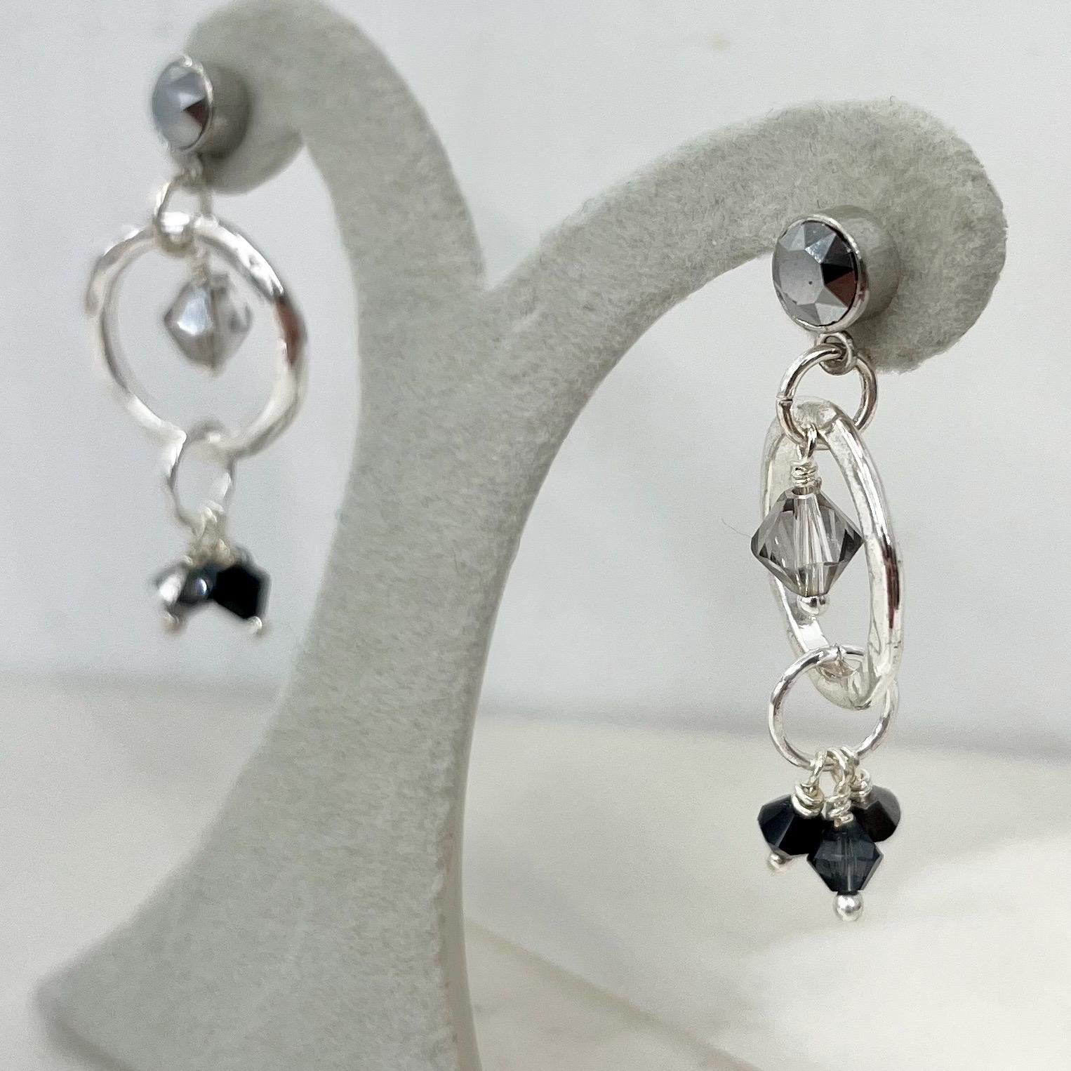Contemporary Black & Grey Swarovski Crystal Droplet Silver Plated Hoop Earrings - Milly Oliver MillyOliverVintage